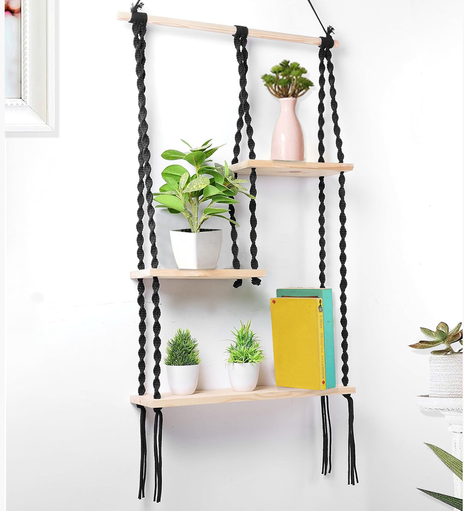 (1Pc) Black Cotton Macrame Hanging Shelf
