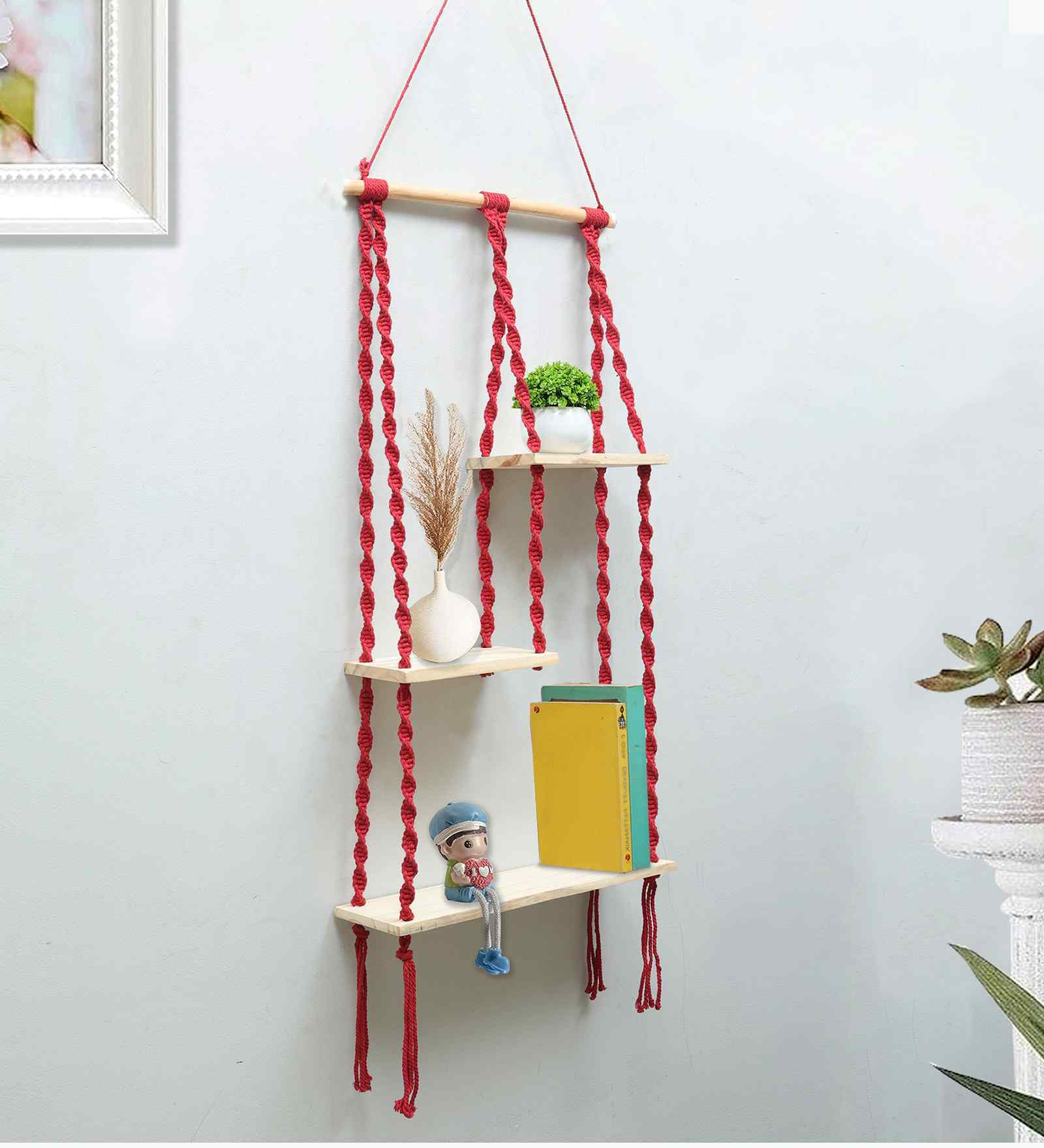(1Pc) Red Cotton Macrame Hanging Shelf