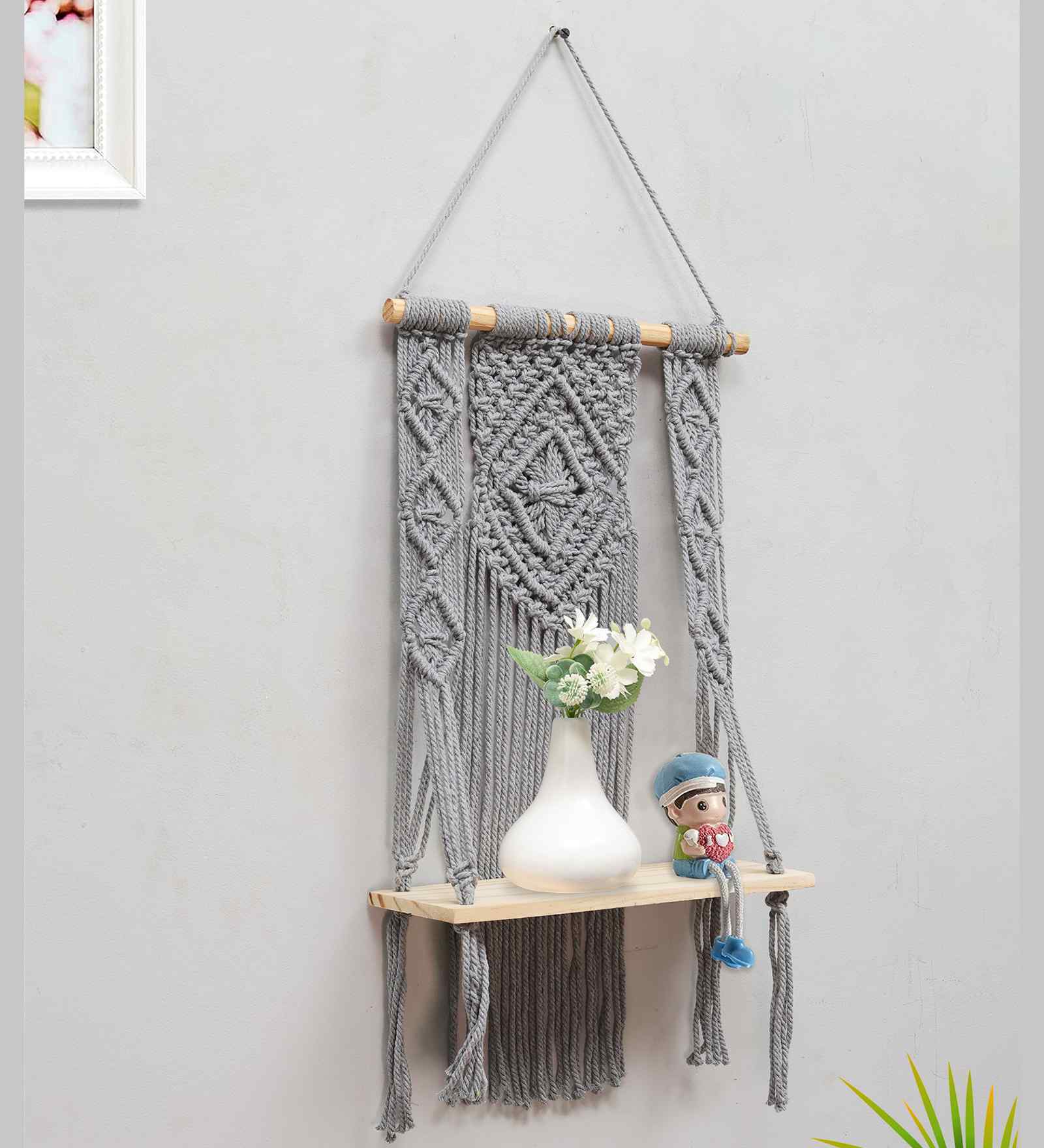 (1Pc) Grey Cotton Macrame Hanging Shelf