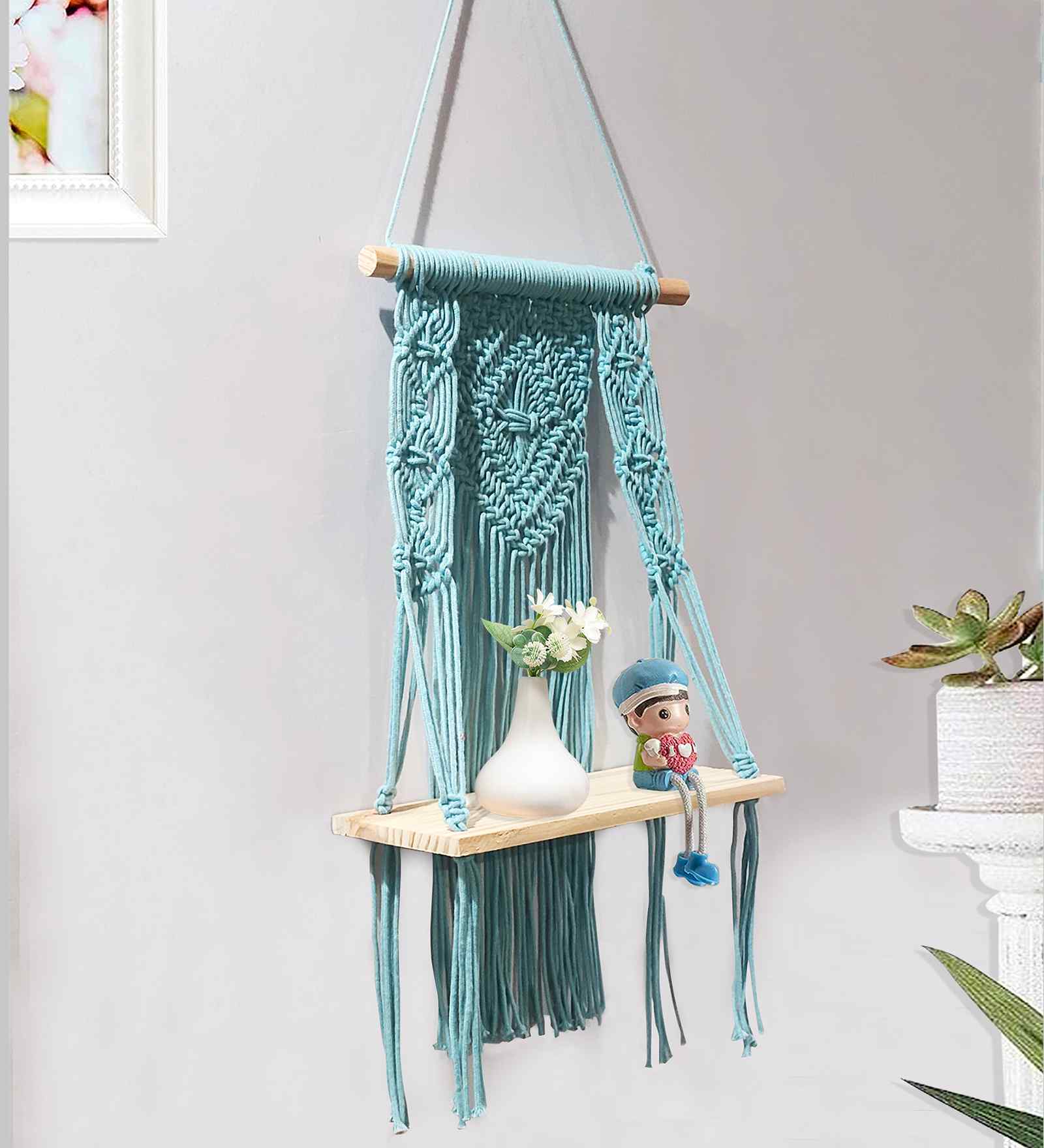 (1Pc) Green Cotton Macrame Hanging Shelf