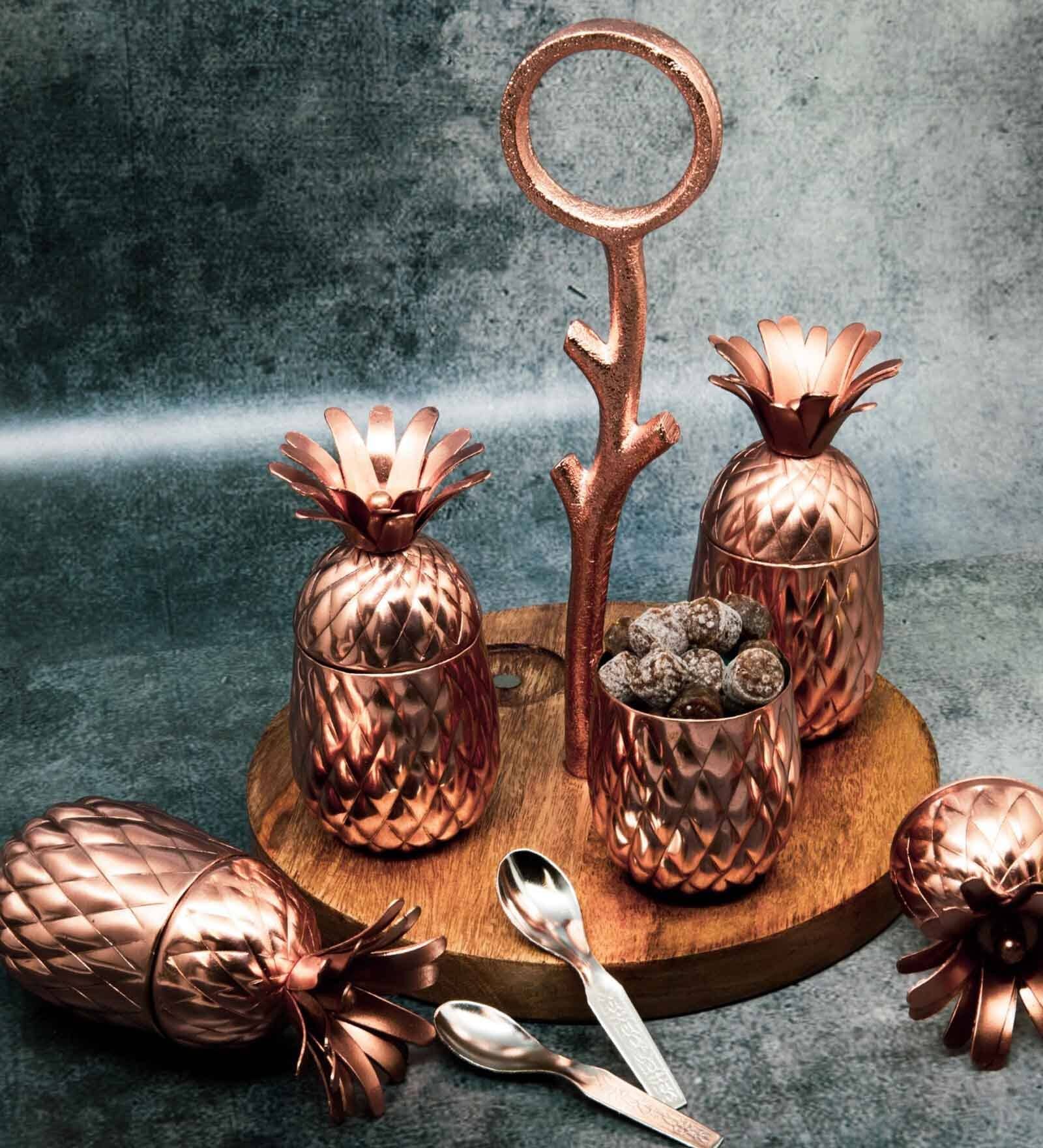 Reflections Copper Iron 3 Pcs Condiment Jar with Spoon & Tray
