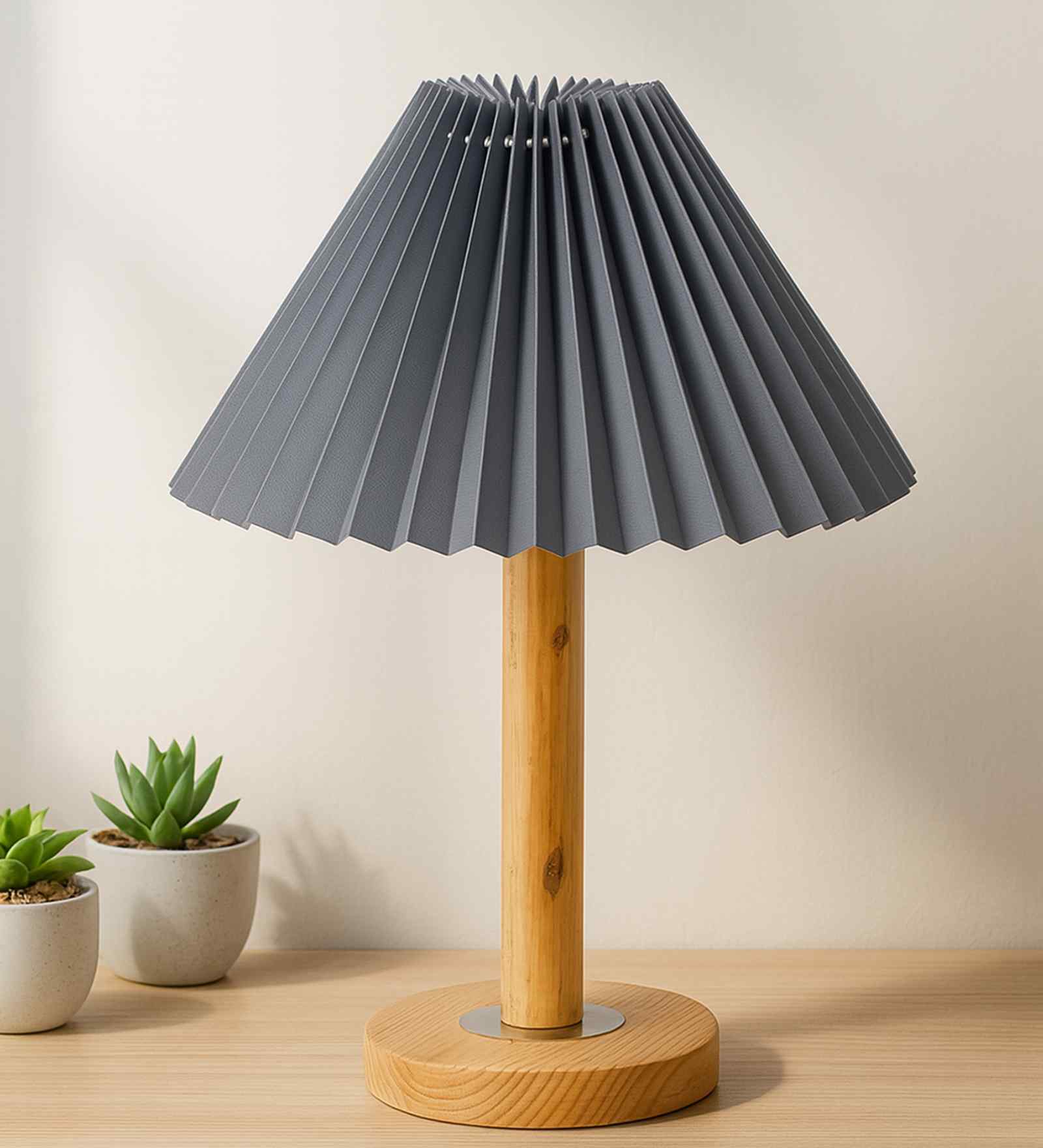 Pinewood Table Lamps, Fabric Linen Lampshade, Pleated Grey