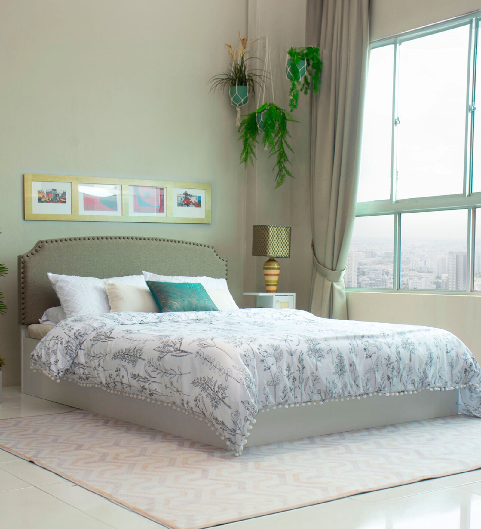 Pingala  Queen Size Upholstered Bed In Oat Brown Colour & White Colour With Box Storage