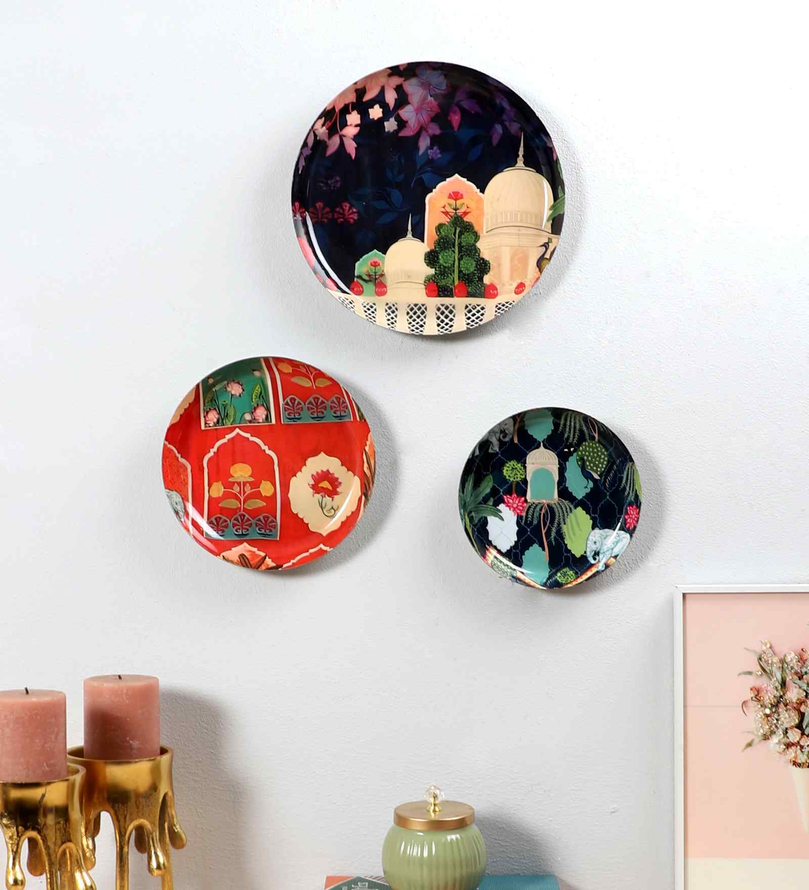 PInk & Blue Monument Meena Plates Wall Art Set of 3