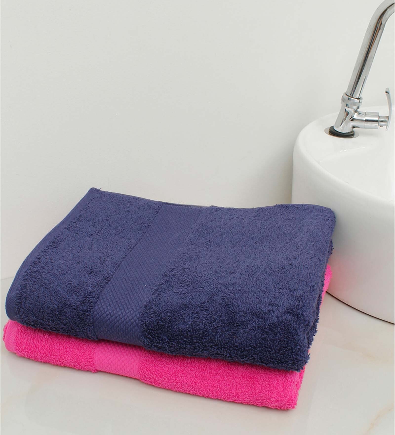 Pink & Navy Blue 100% Cotton Solid 500 GSM Bath Towels (Set of 2)