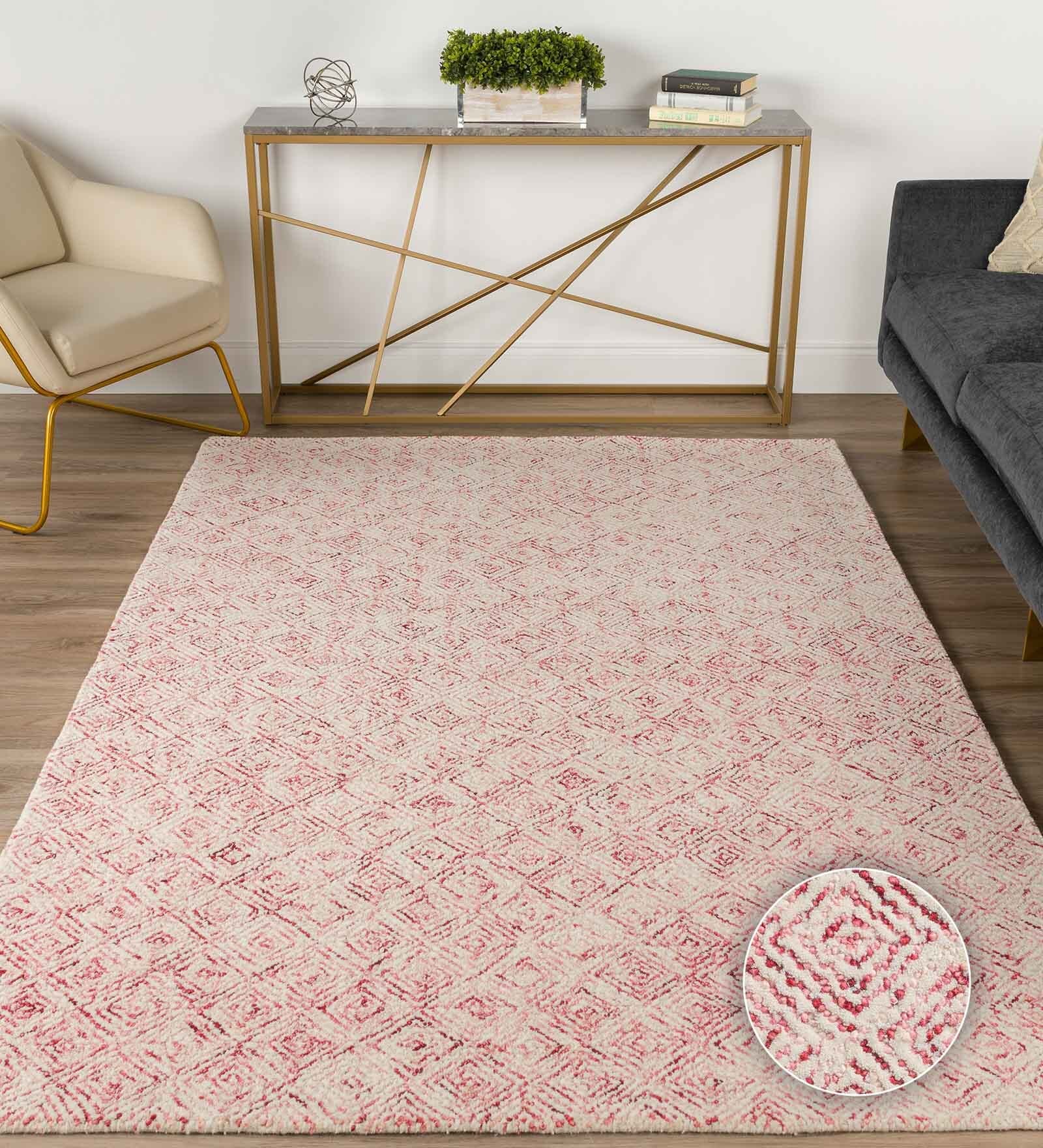 Pink & off White Abstract Wool 6 x 9 Feet Hand Tufted Carpet