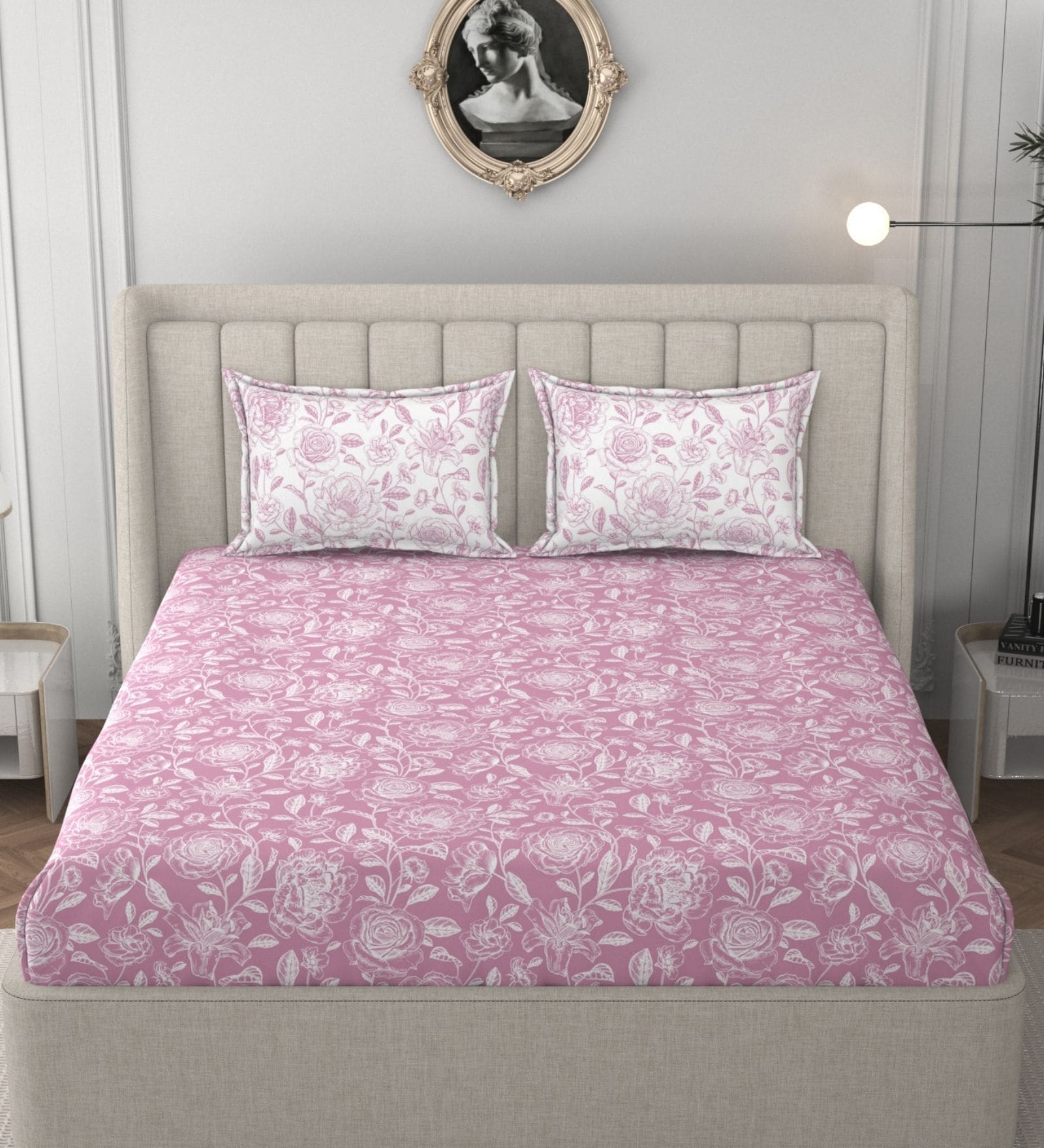 Pink & White Glace Cotton Floral Print Elastic Fitted King Bedsheet With 2 Pillow Covers