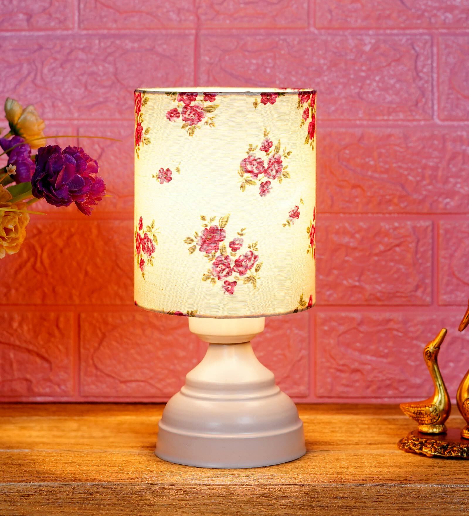 Pink & White Shade Table Lamp With Metal Base