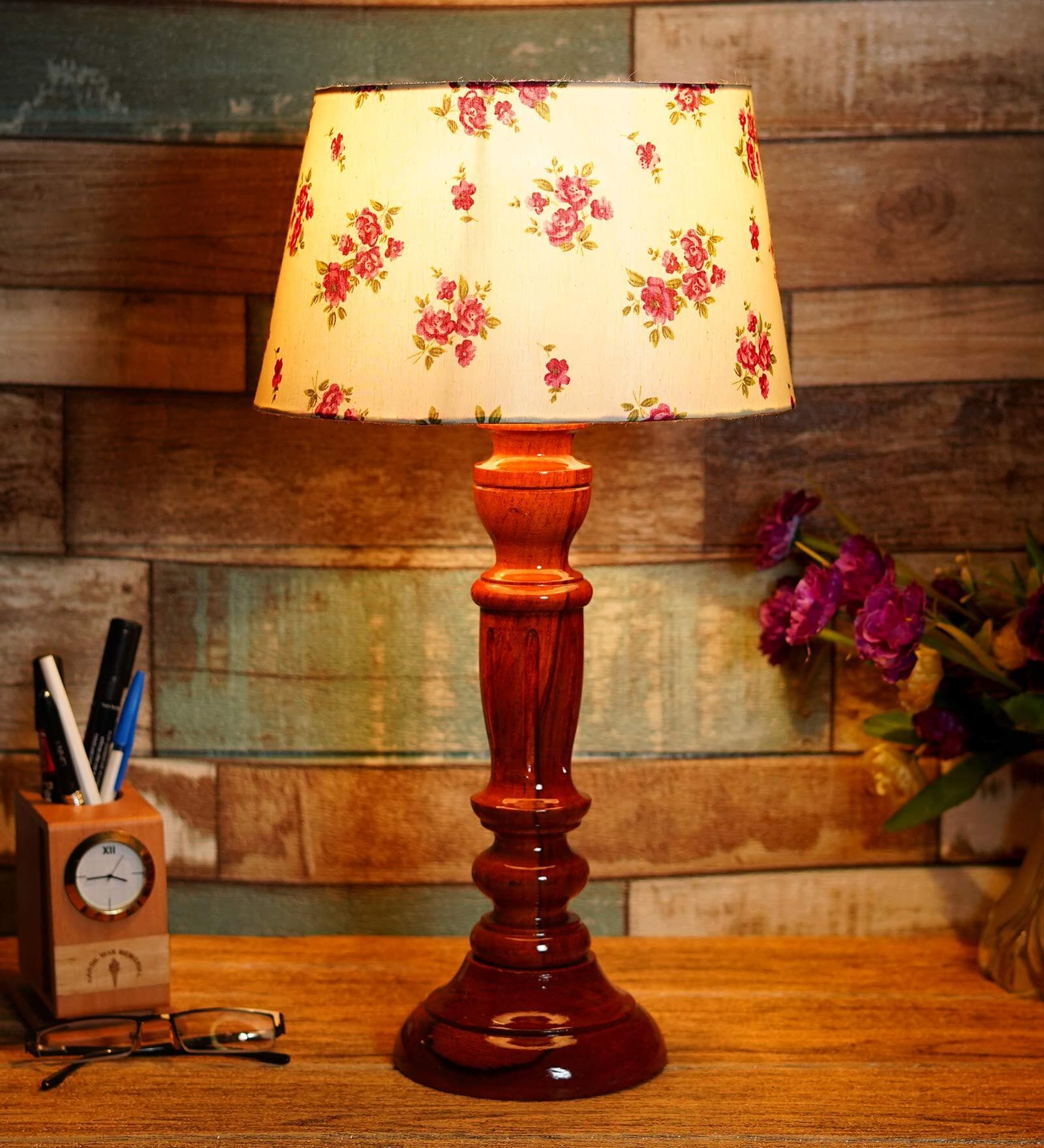 Fenerty Pink & White Fabric Shade Night Lamp With Wood Base
