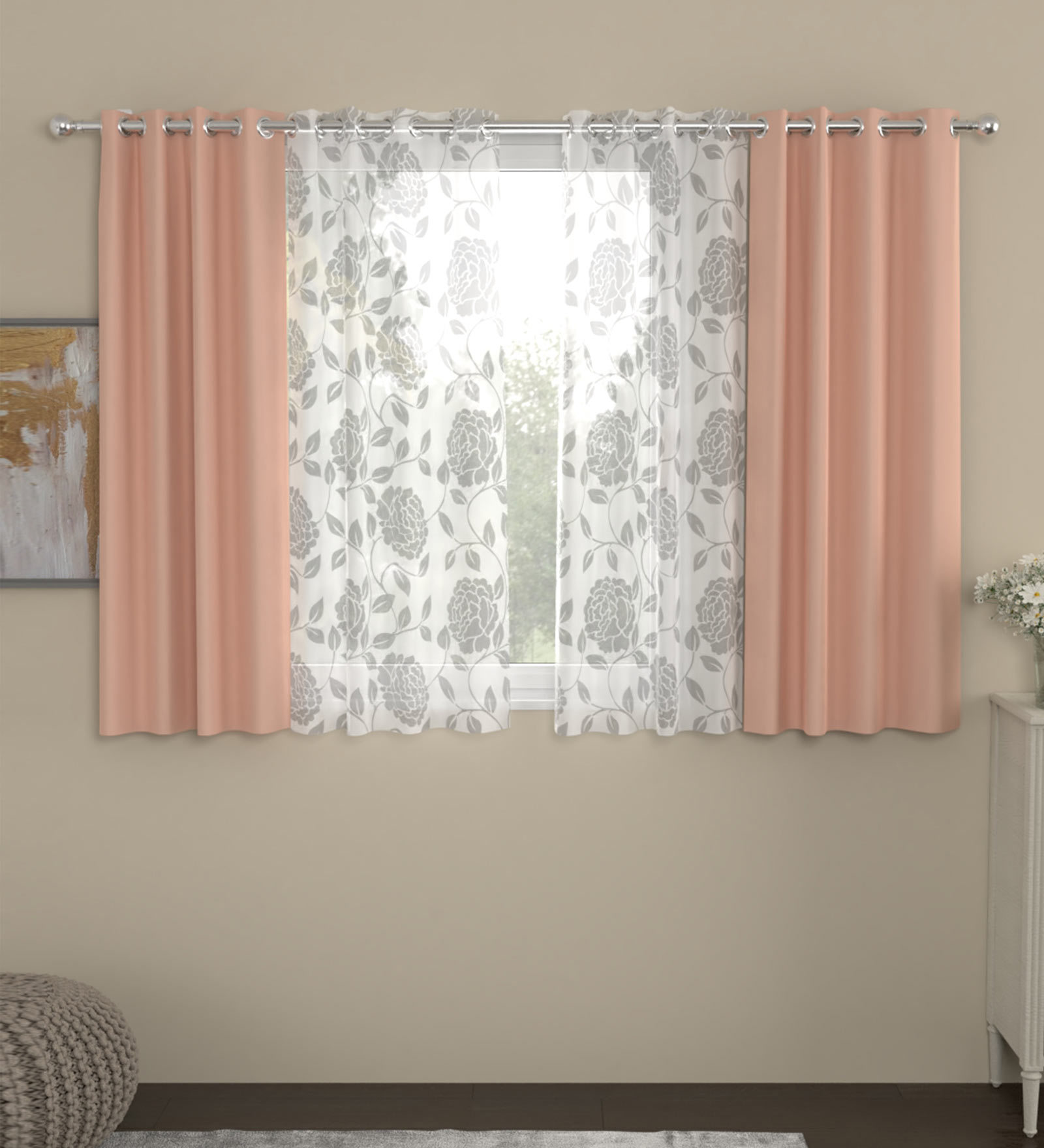 Pink Floral Polyester 5 Ft Blackout Eyelet Window Curtains (Set of 4)