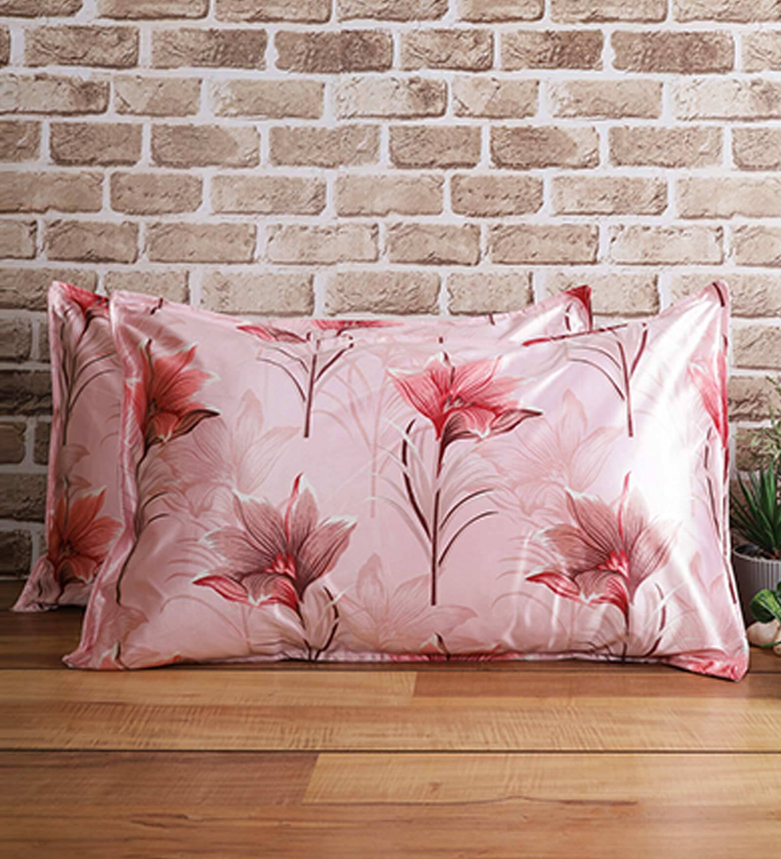 Buy Pink Floral 210TC Polyester Blend 17 x 27 Inch Pillow Covers (Set