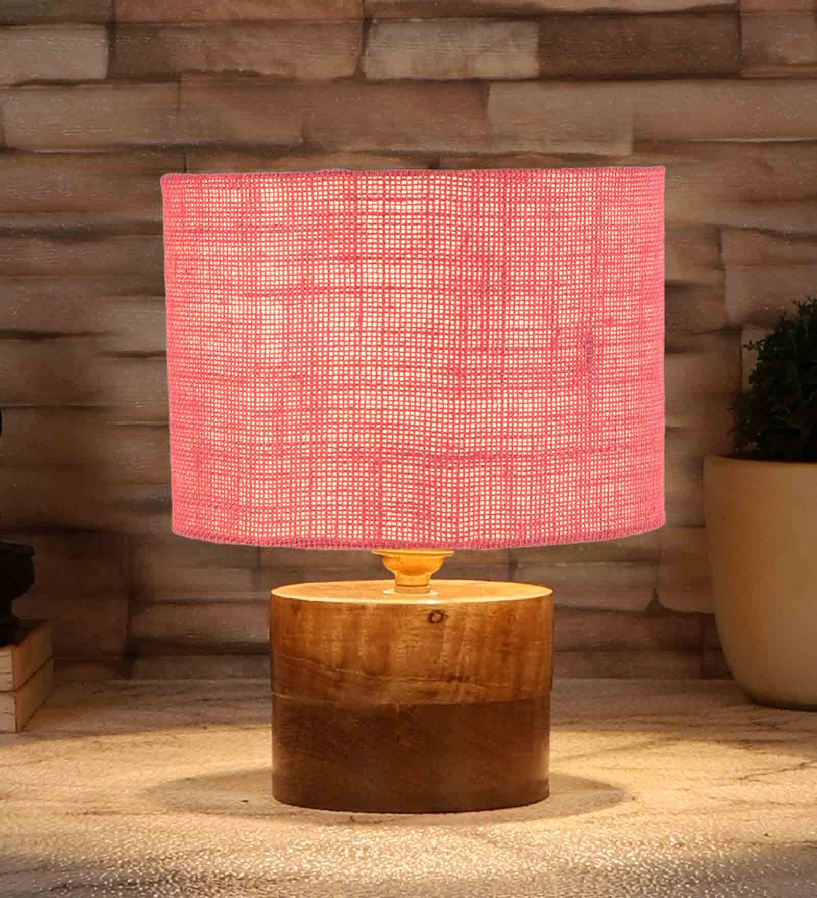 Pink  Shade Table Lamp With Wood Base