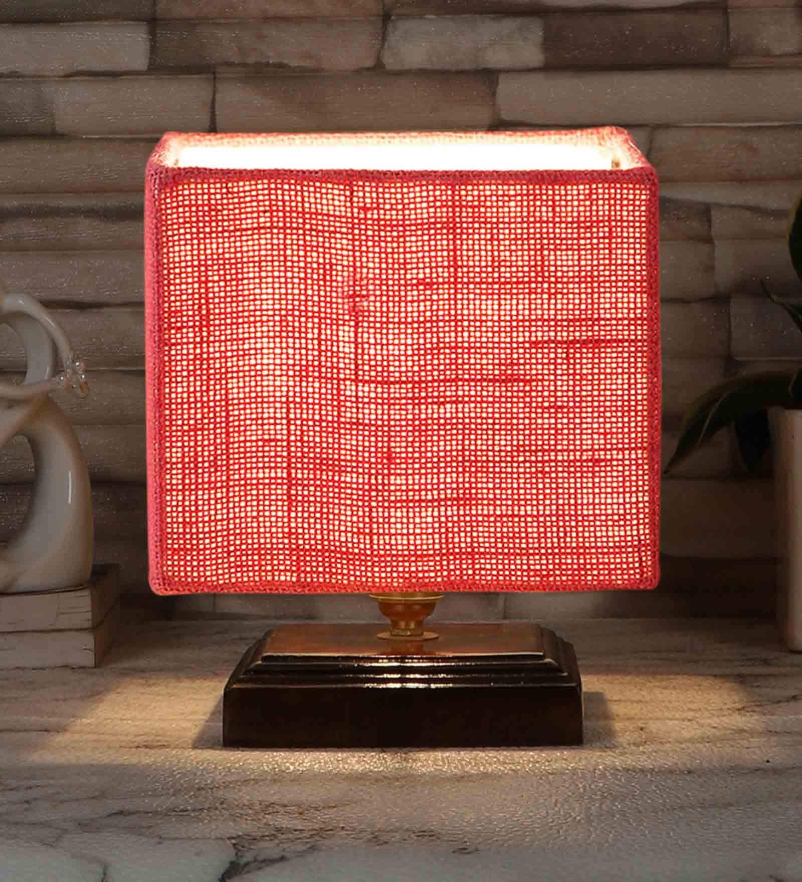 Pink  Shade Table Lamp With Wood Base