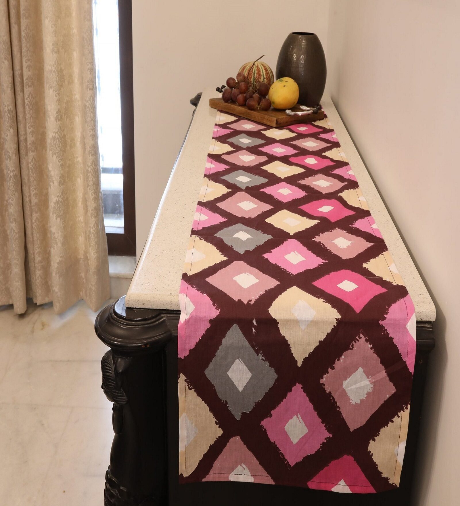Floral Diamond (72x13) Pink & Brown Cotton Table Runner