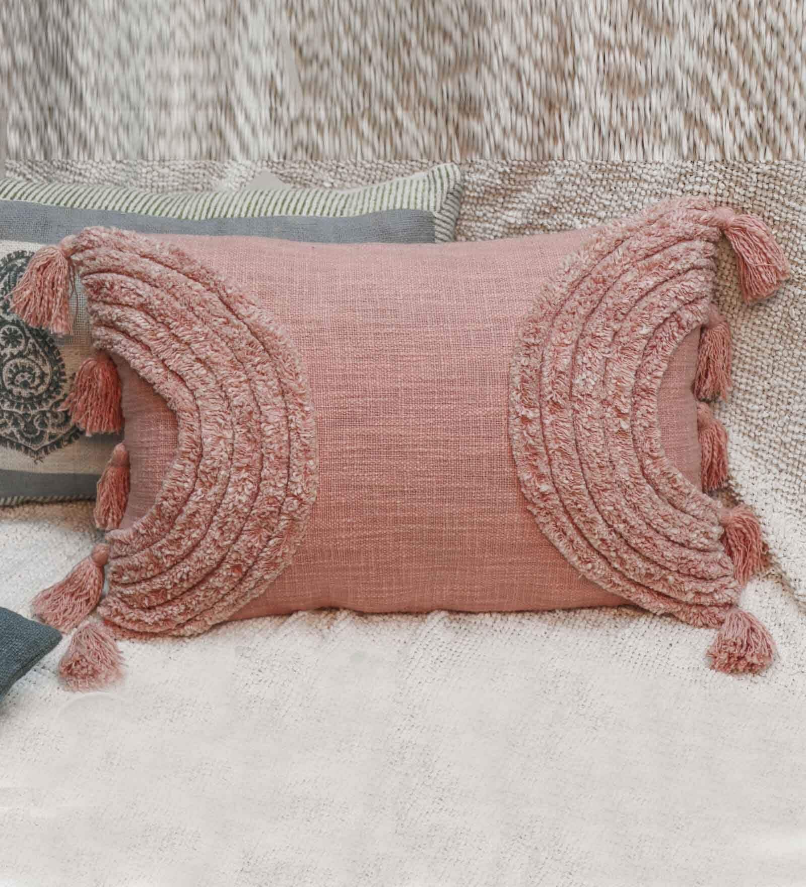 Pink Woven Cotton 24 x 16 Inches Cushion Cover
