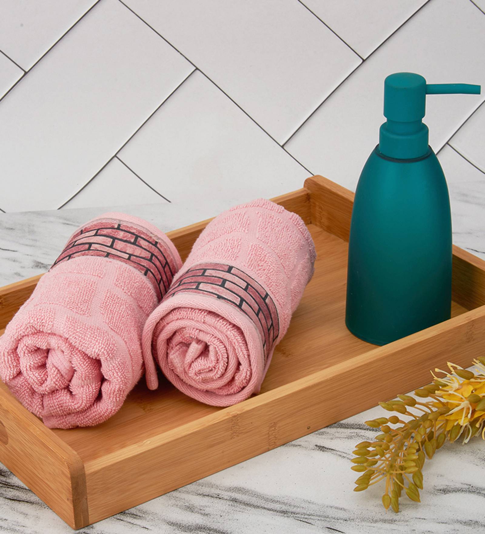Pink 100% Cotton Patterned 650 GSM 2 Pcs Hand Towels