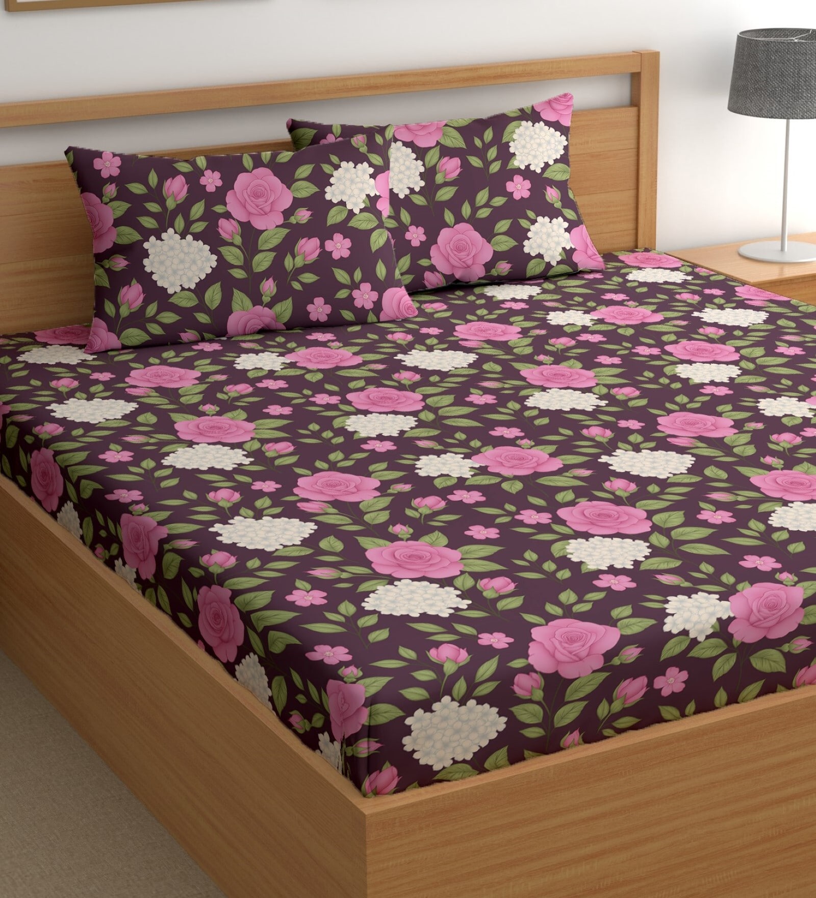 Pink 180 TC Floral Cotton Queen Double Bedsheet 2 Pillow covers