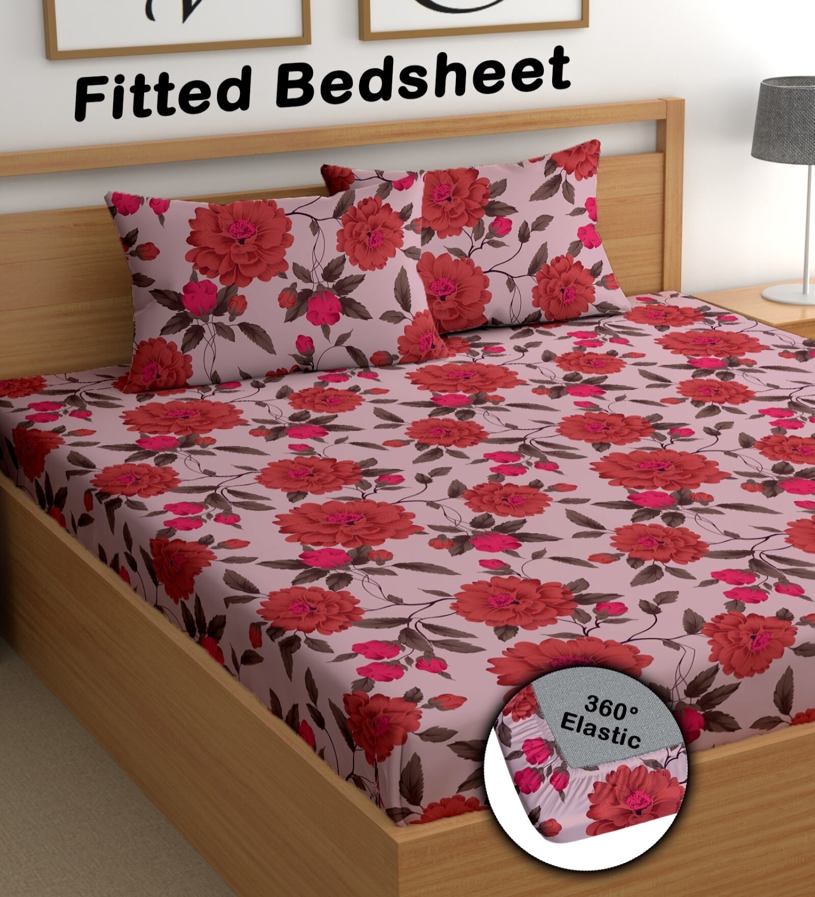 Pink 180 TC Floral Cotton Fitted Double Bedsheet 2 Pillow covers