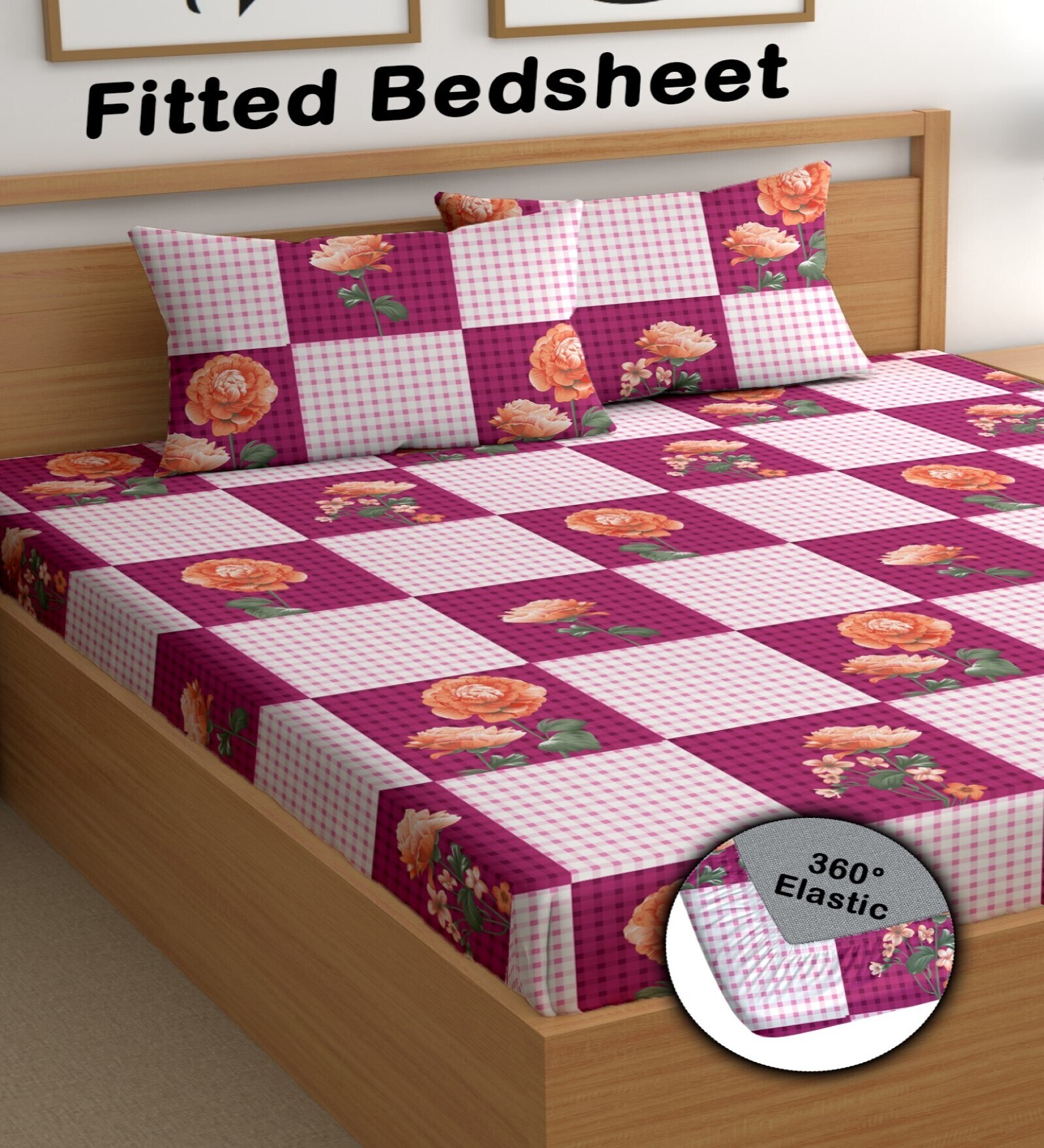 Pink 180 TC Floral Cotton Fitted Double Bedsheet 2 Pillow covers