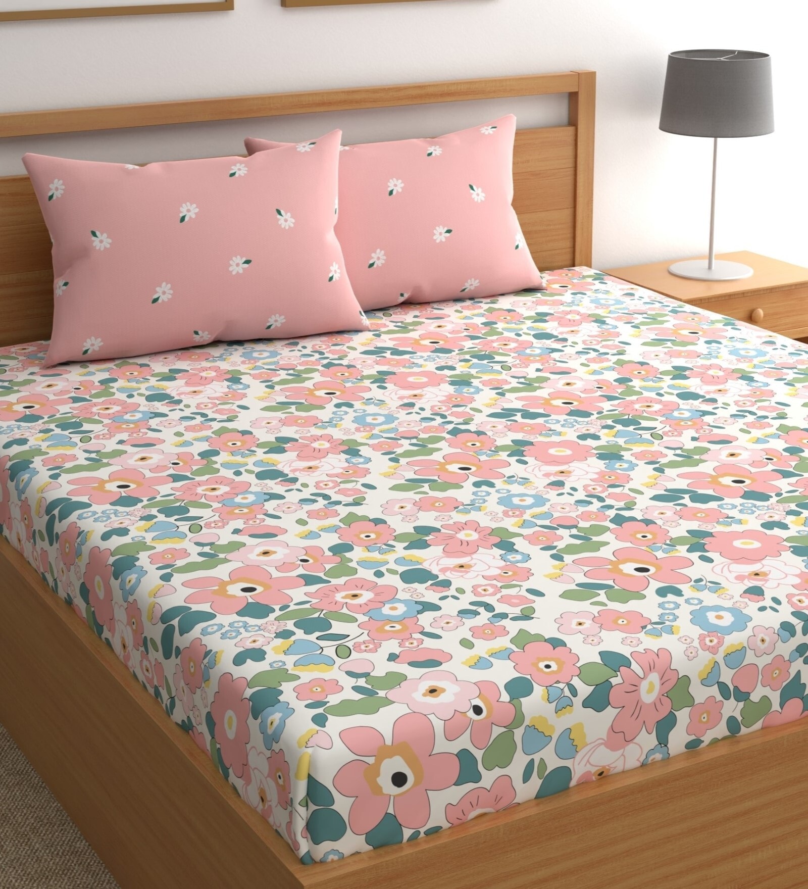 Pink 180 TC Floral Cotton Queen Double Bedsheet 2 Pillow covers