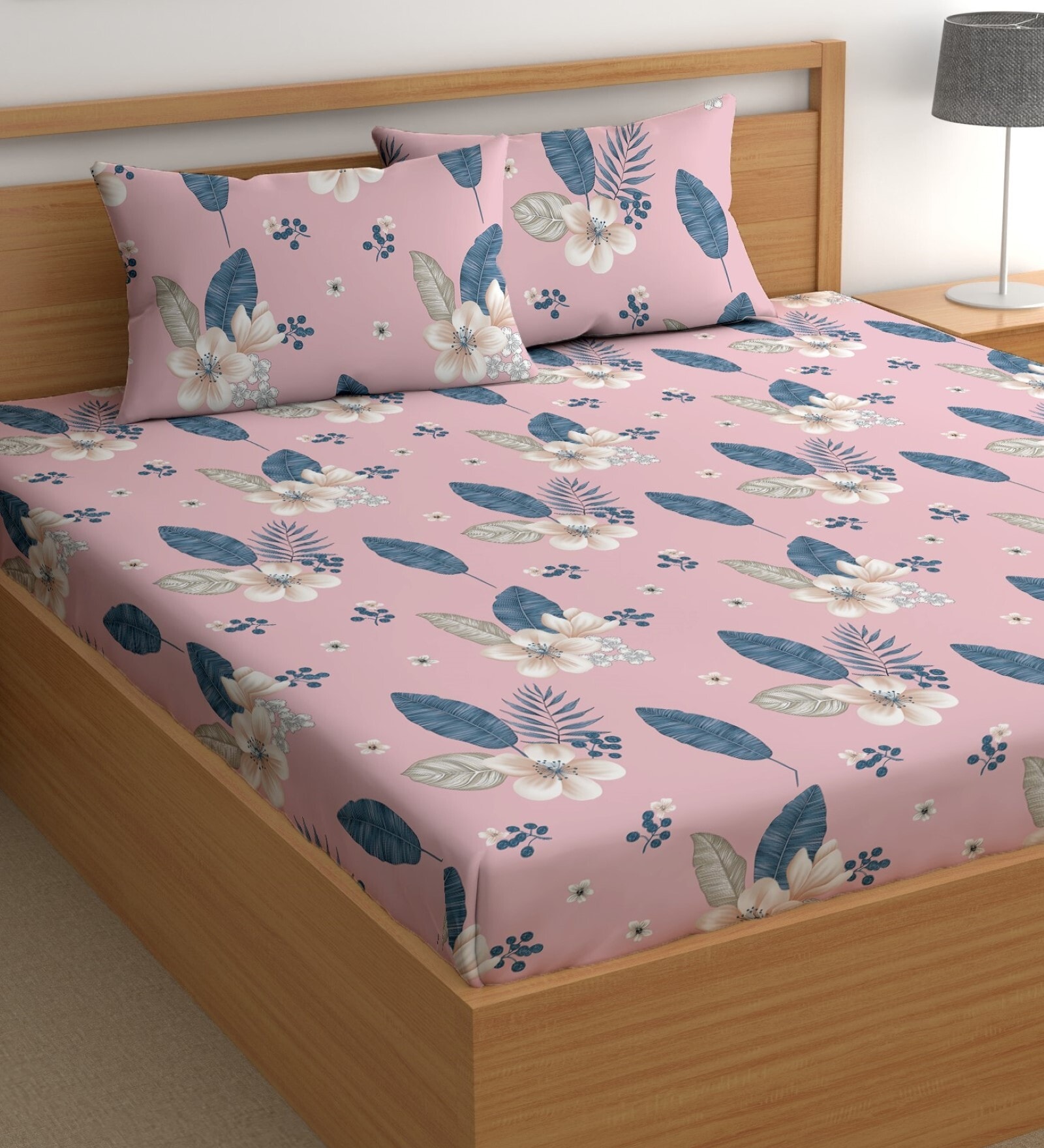 Pink 180 TC Floral Cotton Queen Double Bedsheet 2 Pillow covers