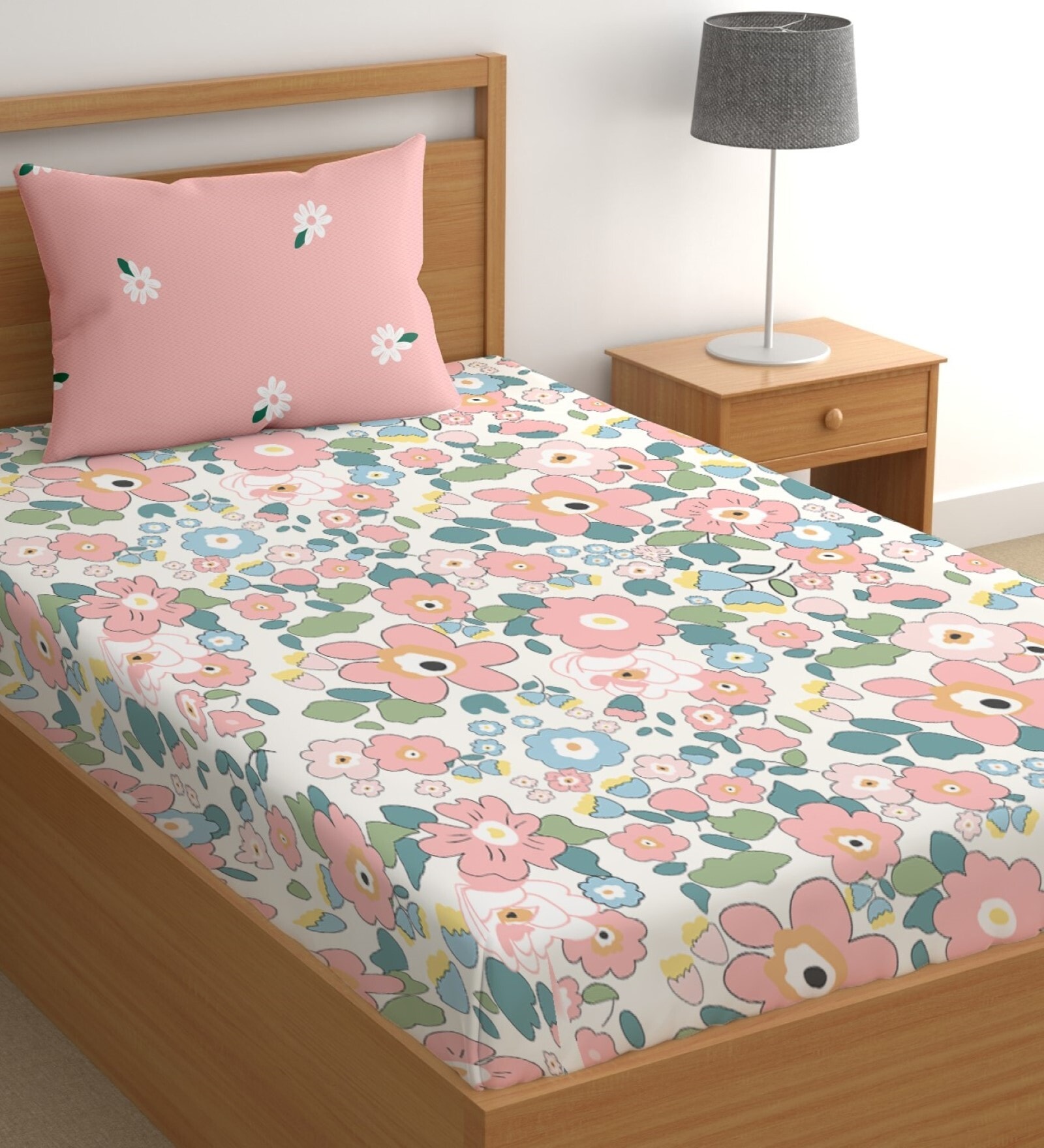 Pink 180 TC Floral Cotton Single Bedsheet Pillow covers