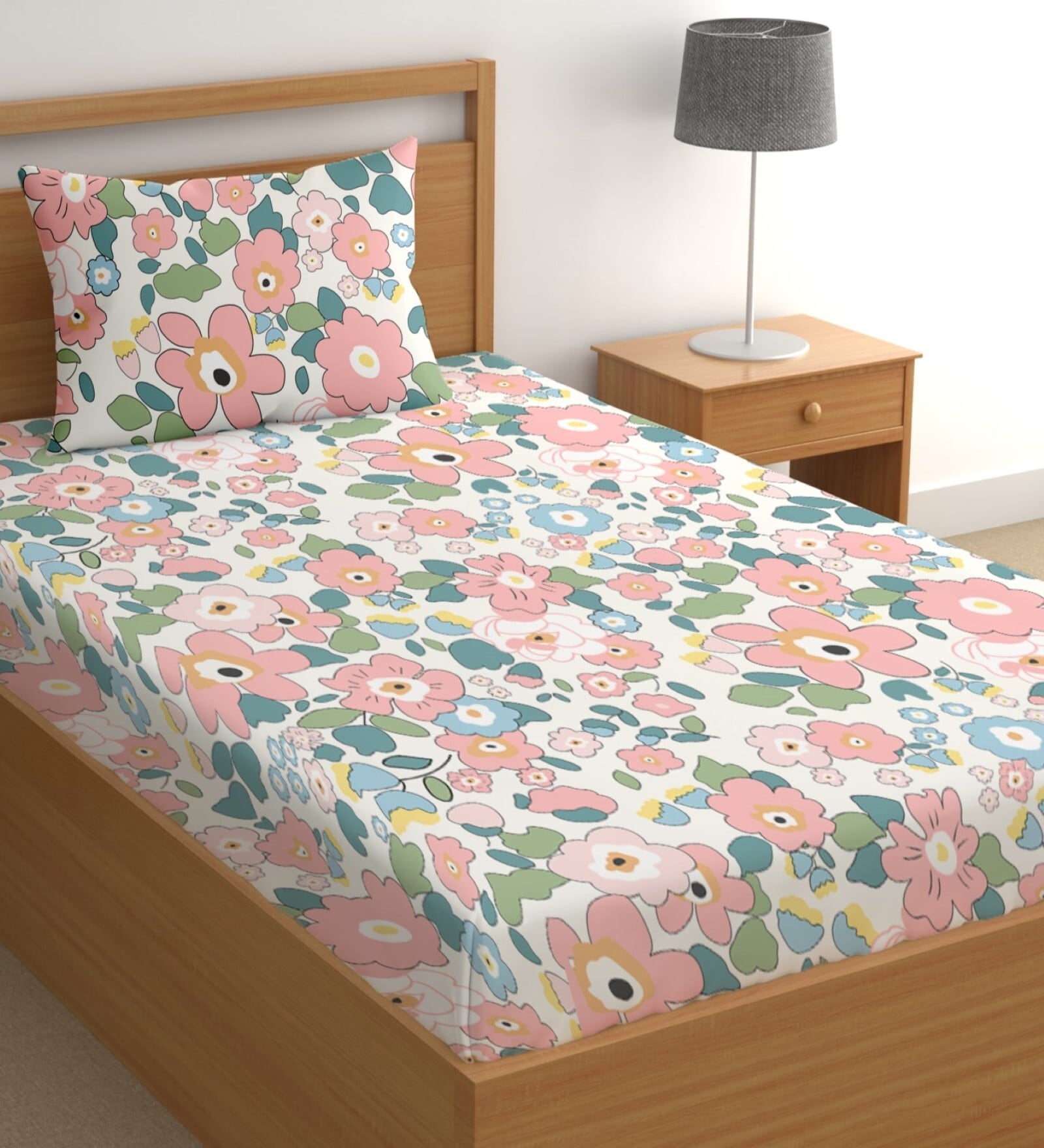 Pink 180 TC Floral Cotton Single Bedsheet Pillow covers