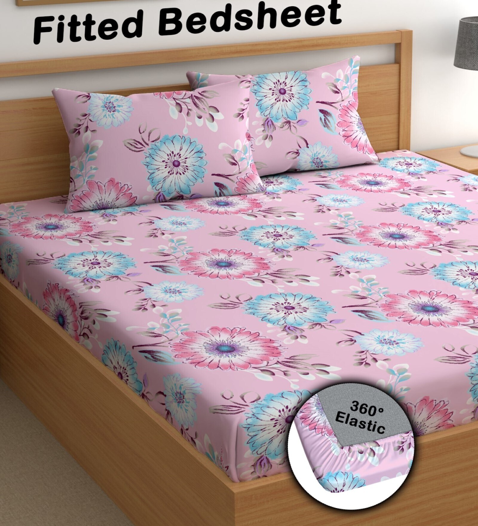 Pink 200 TC Floral Cotton Fitted Double Bedsheet 2 Pillow covers