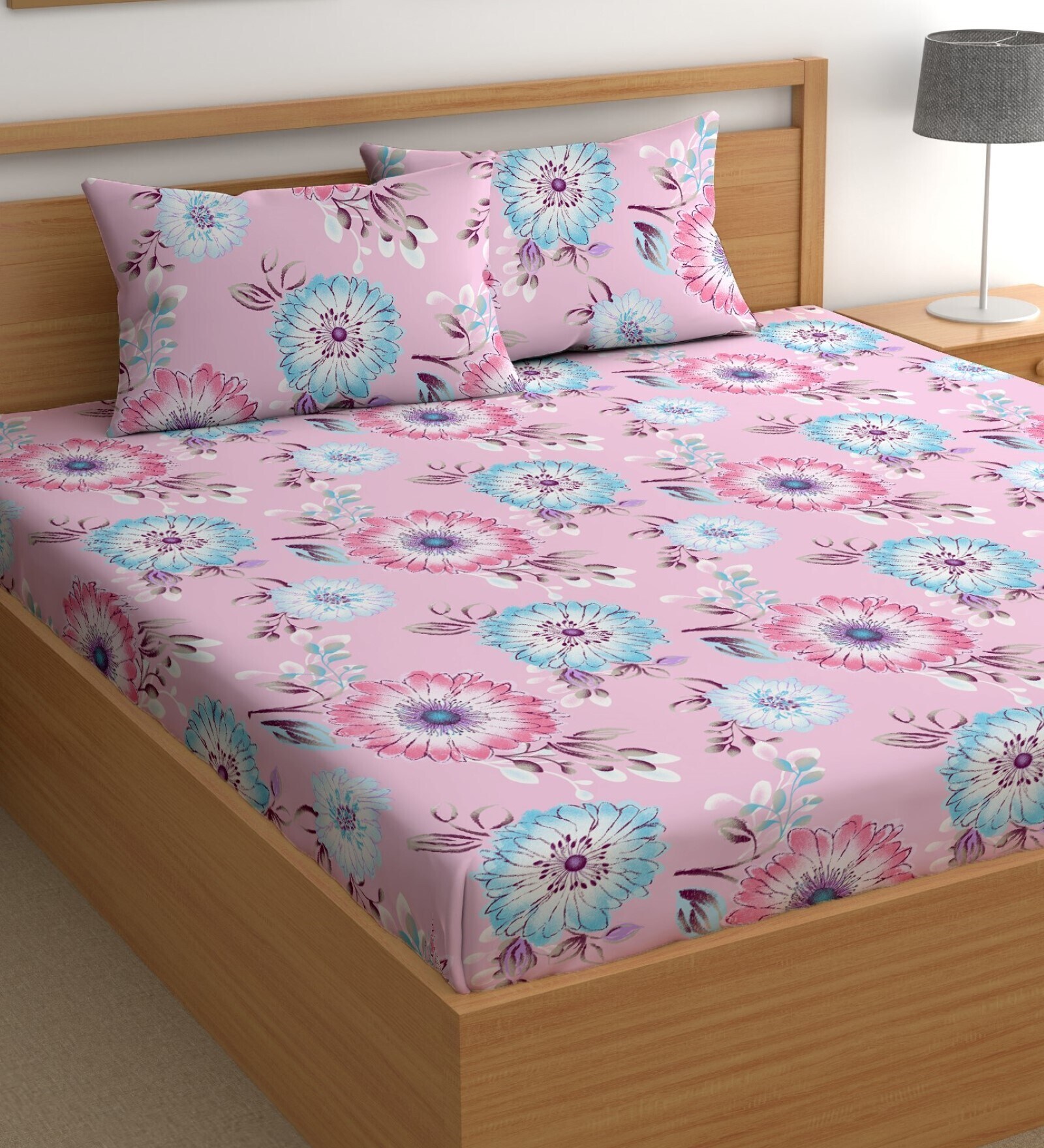 Pink 200 TC Floral Cotton Queen Double Bedsheet 2 Pillow covers