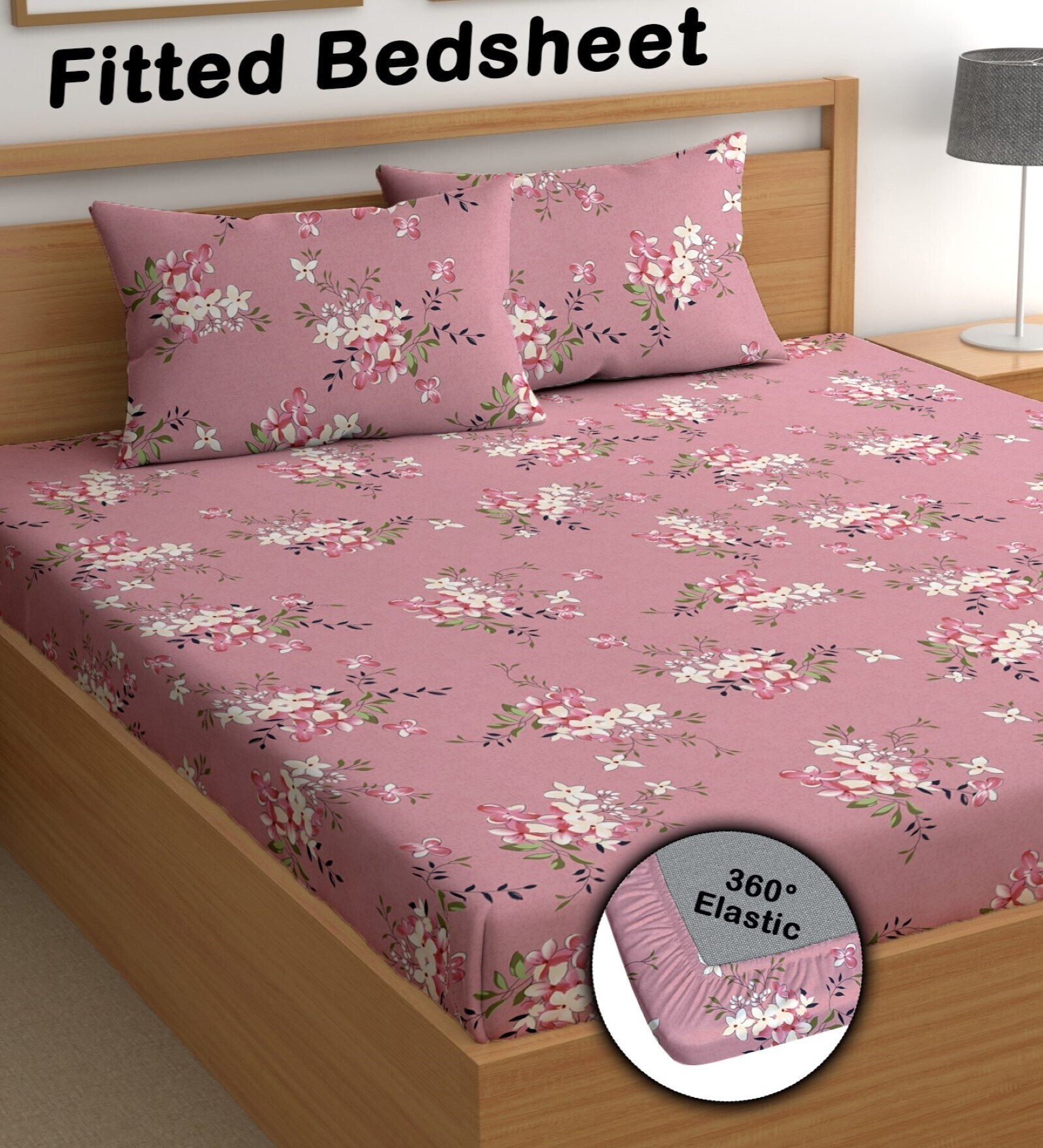 Pink 200 TC Floral Cotton Fitted Double Bedsheet 2 Pillow covers
