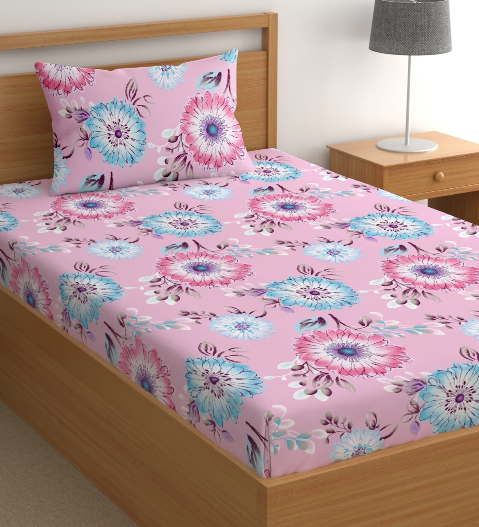 Pink 200 TC Floral Cotton Single Bedsheet Pillow covers