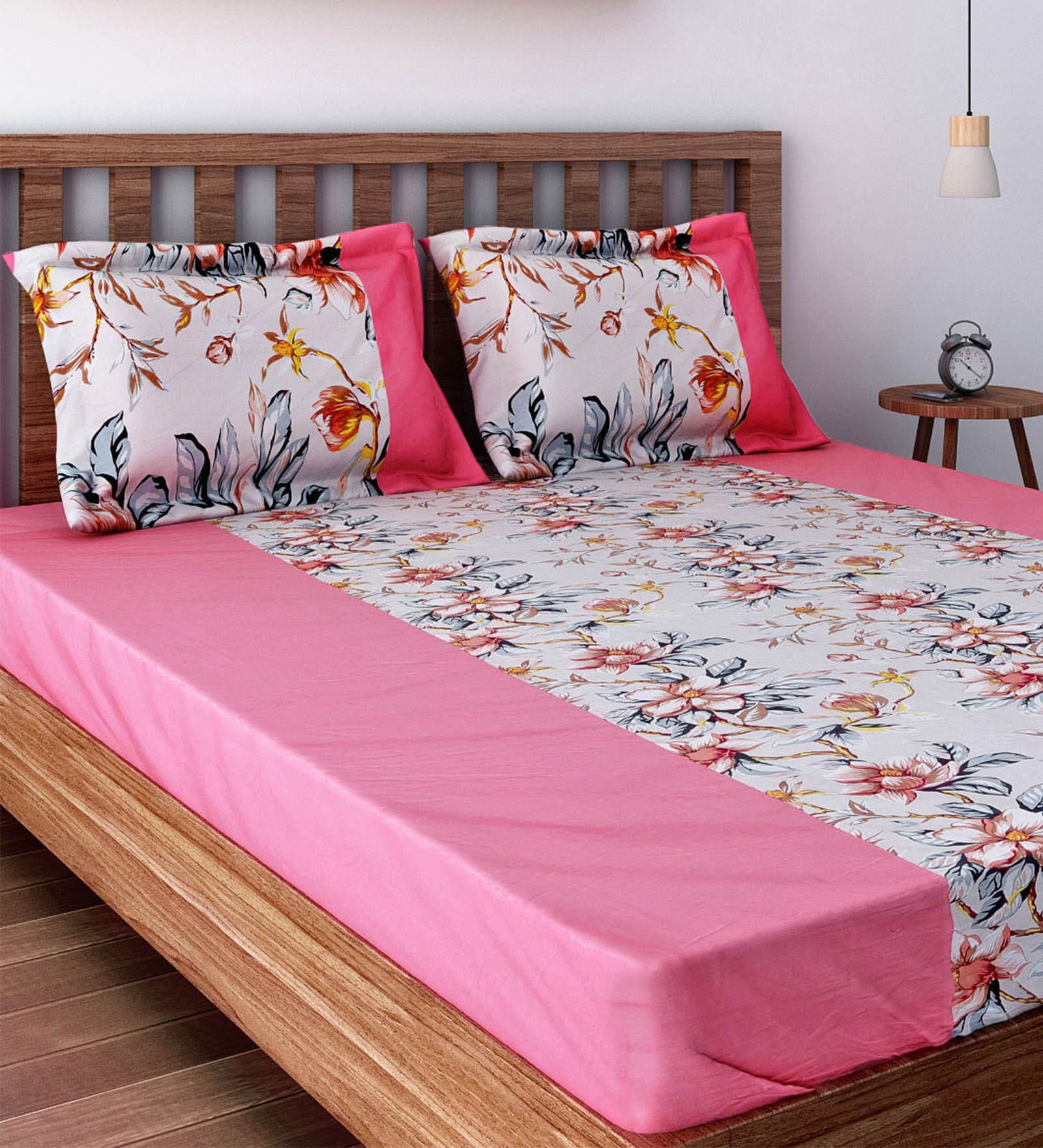 Pink Floral 200 TC Cotton 1 Double King Size Bedsheet with 2 Pillow Covers