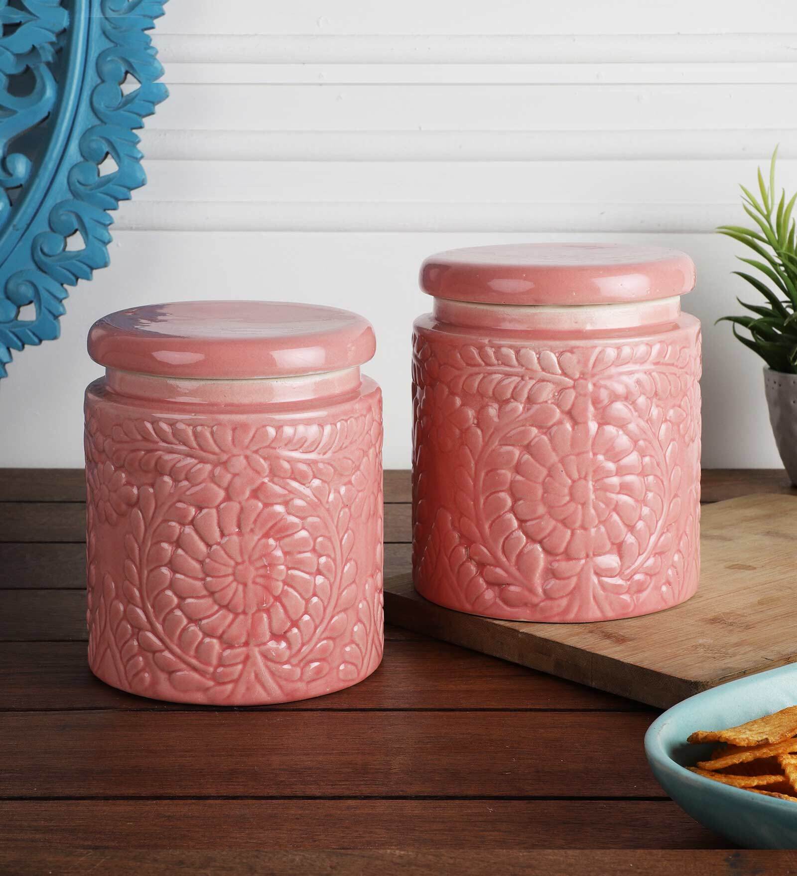 Pink 6 x 4.5 inches Handcrafted Set of 2 Storage Jars