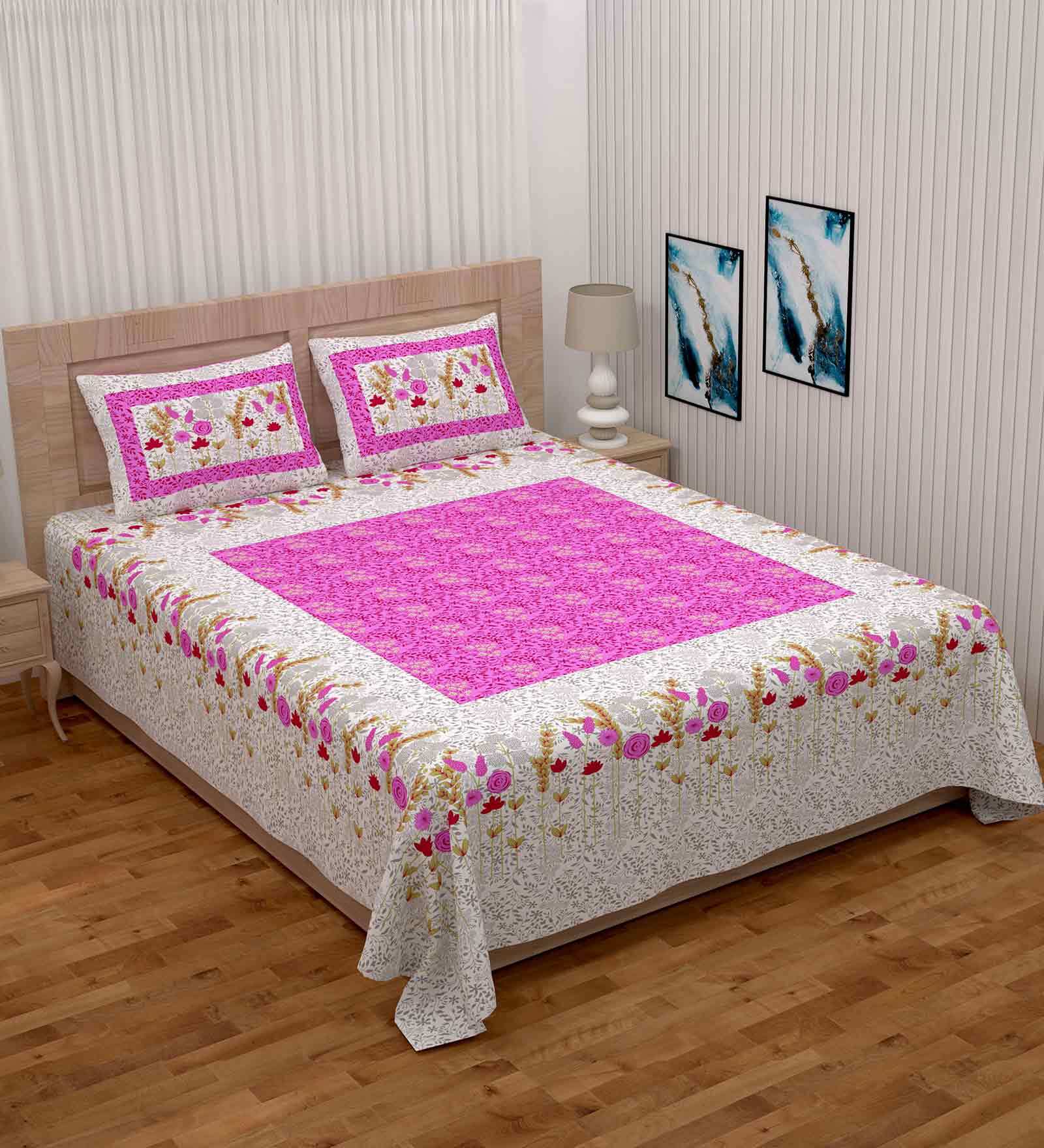 Pink Floral 108 TC Cotton King Sized Bed Sheets with 2 Pillow Covers
