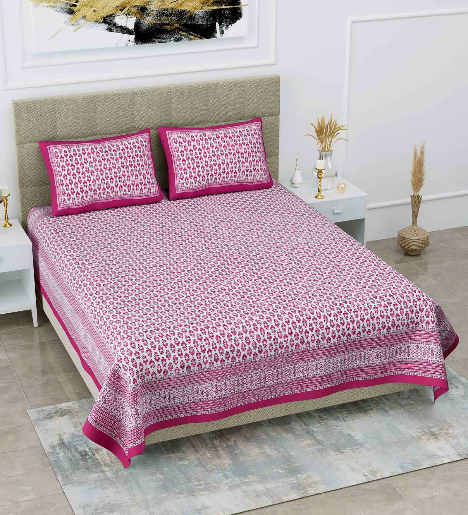 Pink Traditional 108 TC Cotton King Sized Bed Sheets with 2 Pillow Covers