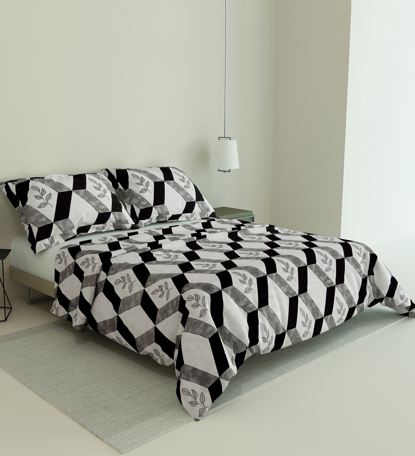 Black and Grey Floral 180 TC Cotton Queen Sized Double Bedsheet with 2 Pillow Covers