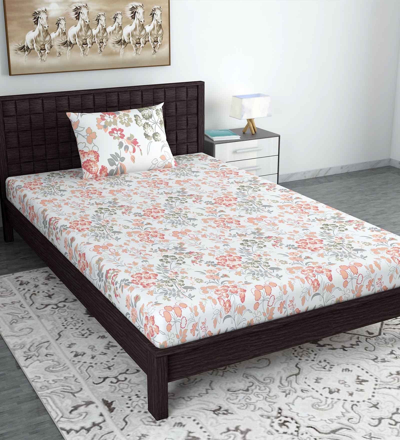 Pink Floral 144 TC Cotton Single Bedsheet with Pillow Cover