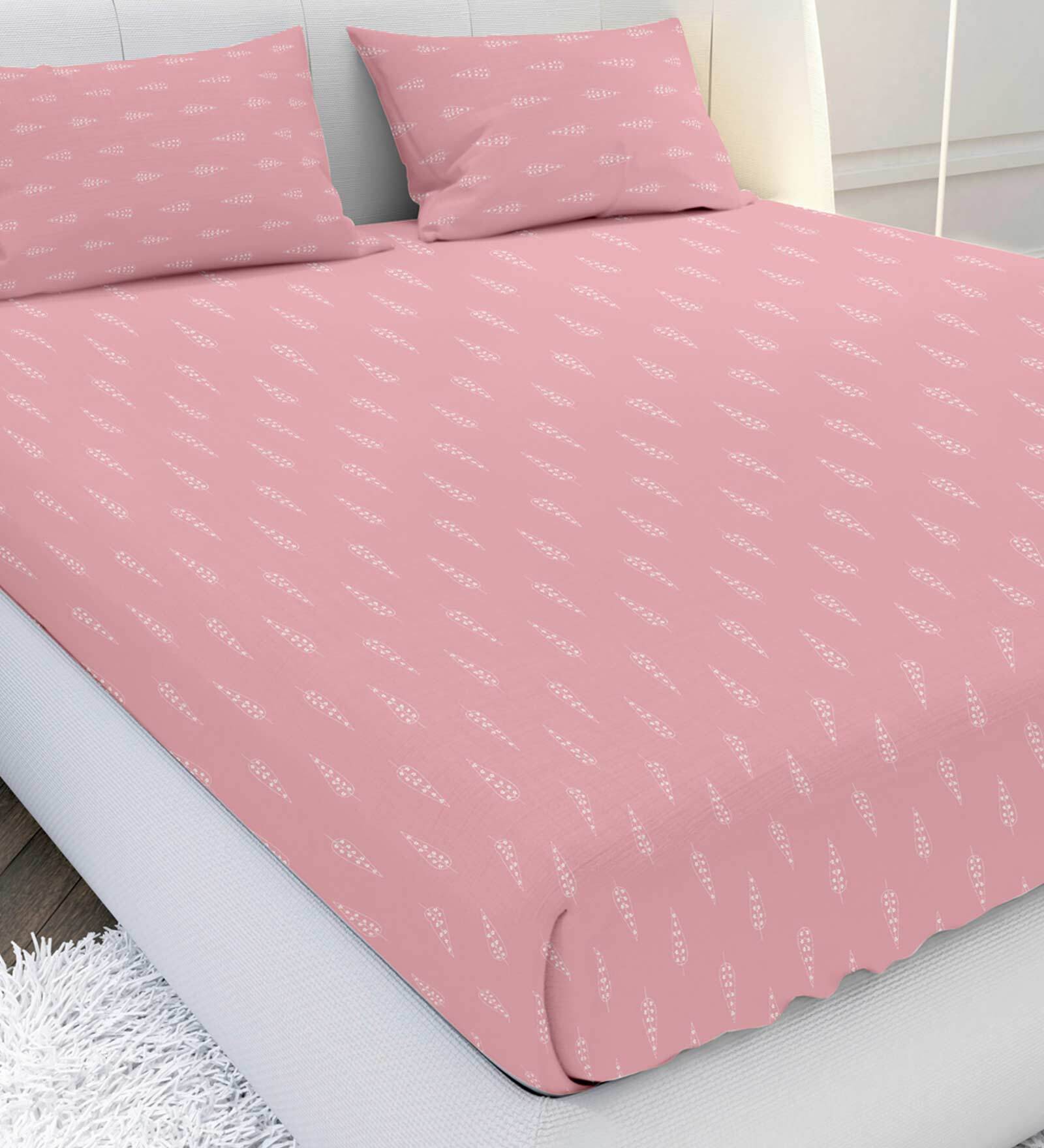 Buy Pink Abstract 210 TC Cotton Satin Queen Bedsheet With 2 Pillow