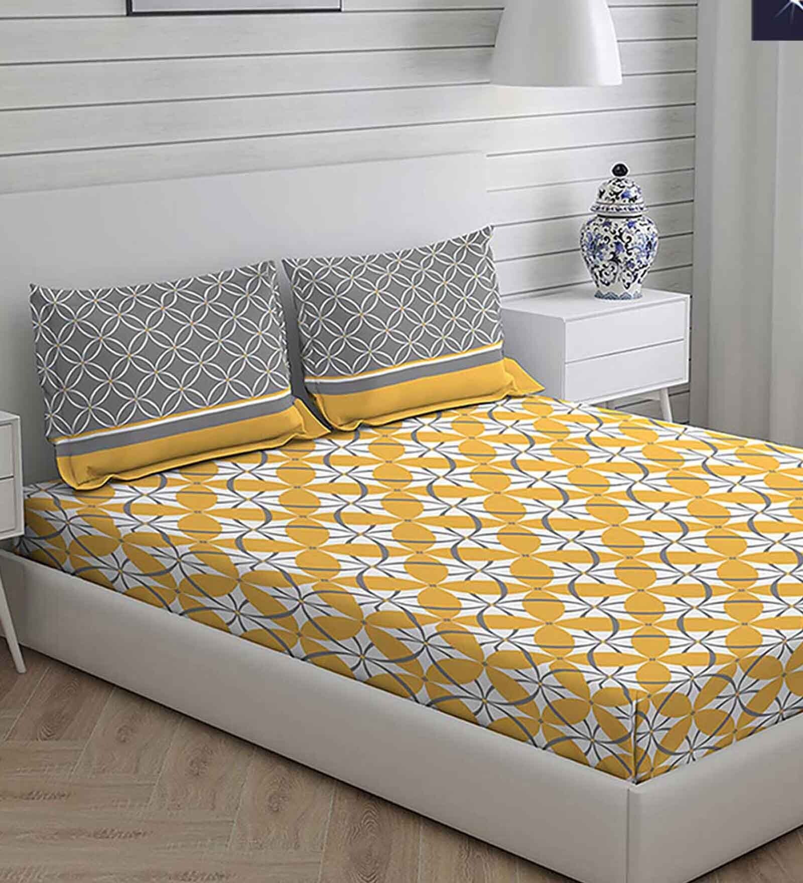 Yellow Abstract 225 TC Cotton Queen Sized Bed Sheets with 2 Pillow Covers