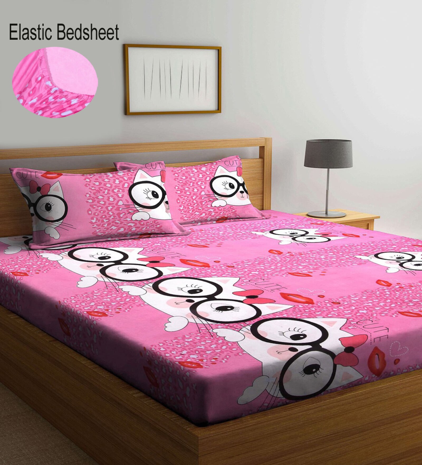 Pink Abstract 300 TC Cotton Blend  Double Bedsheet with 2 Pillow covers