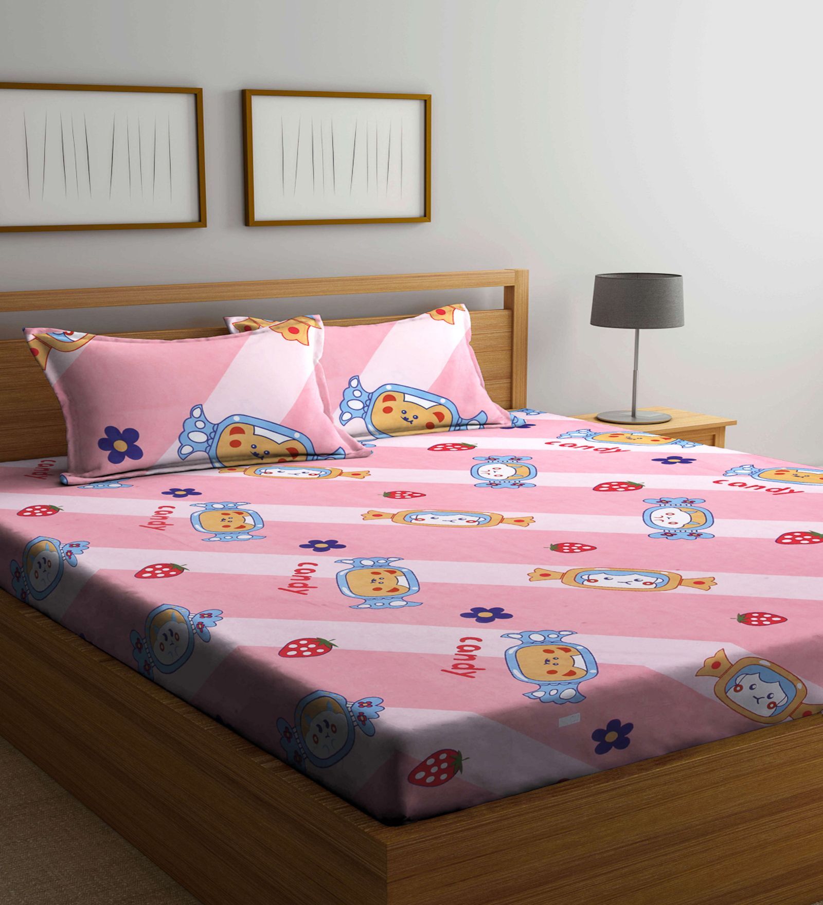 Pink Abstract 300 TC Cotton Blend Kids Double Bedsheet With 2 Pillow Covers