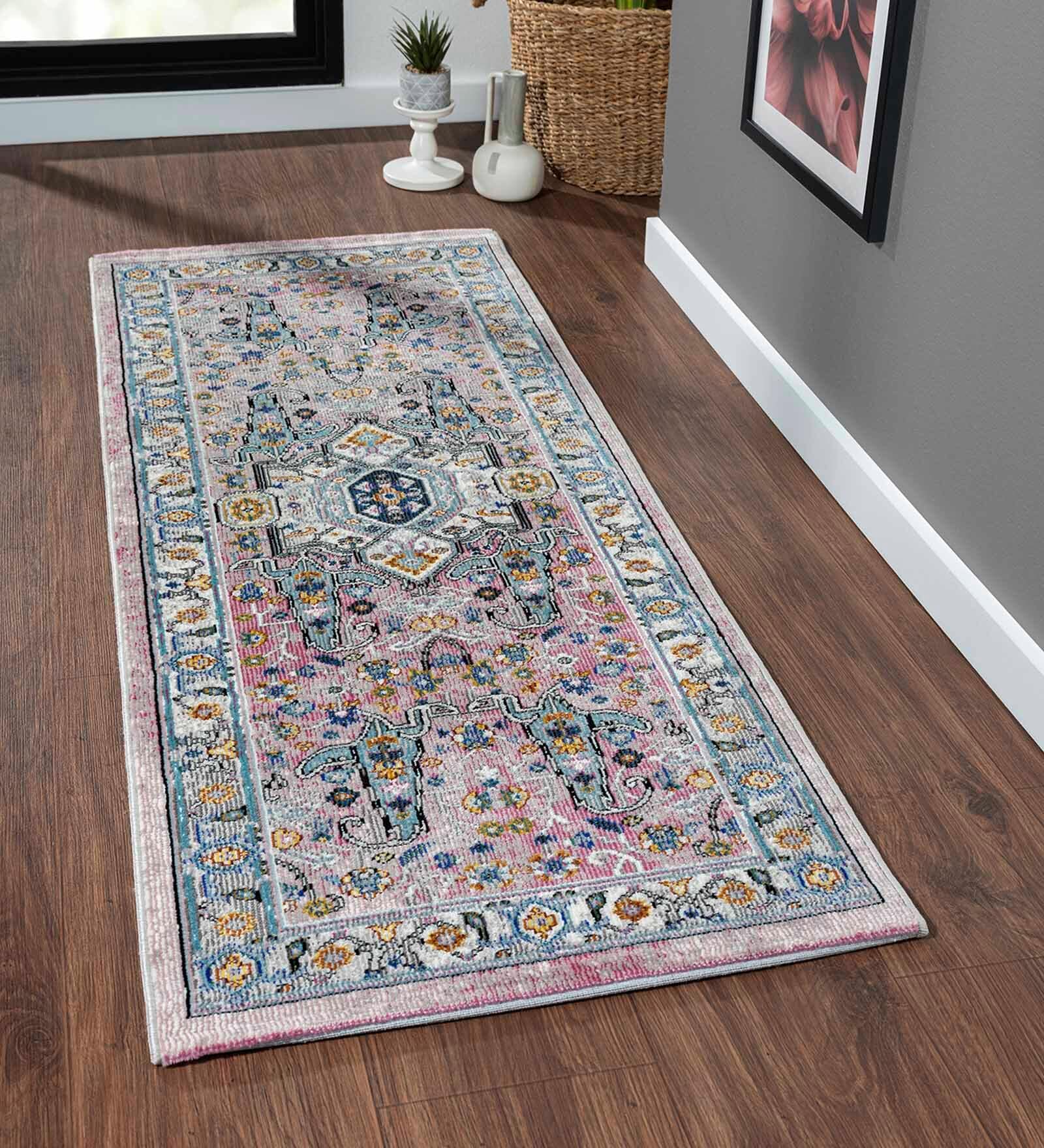 Pink Abstract Polypropylene 59x24 Inches Machine Made Floor Runner