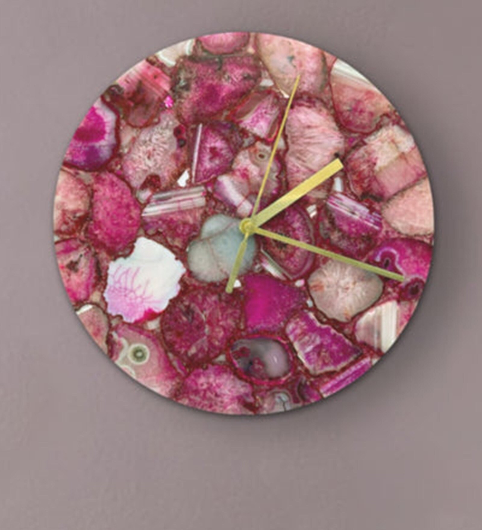 Pink Agate Gemstone Round Clock with Leafing -
