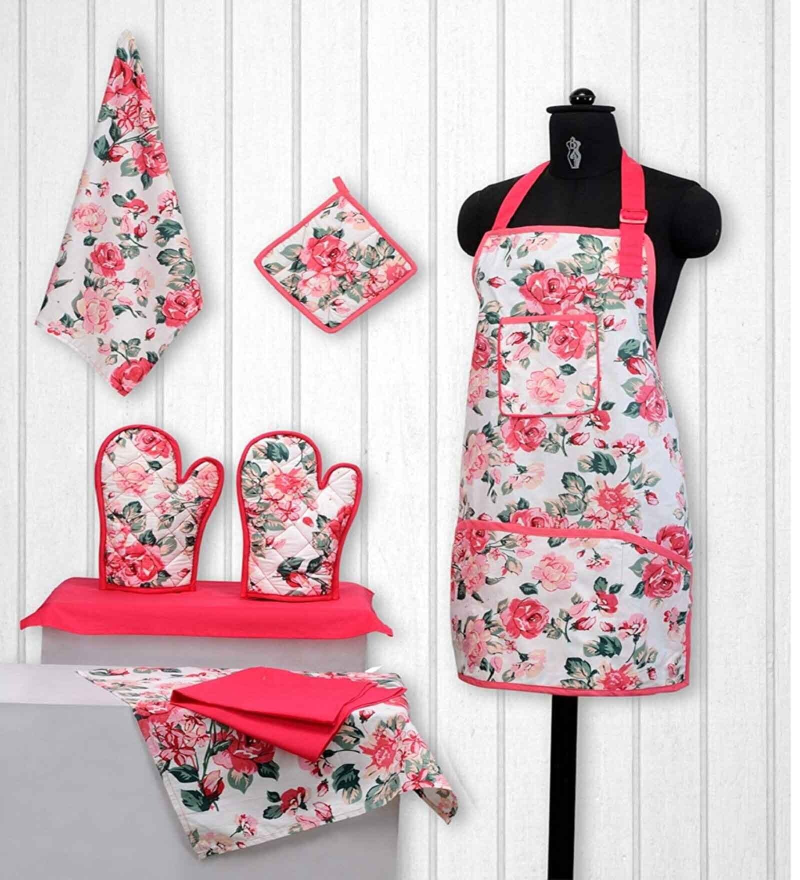 Buy Bella White & Pink Cotton (Set of 8) Kitchen Linen Set at 35 OFF