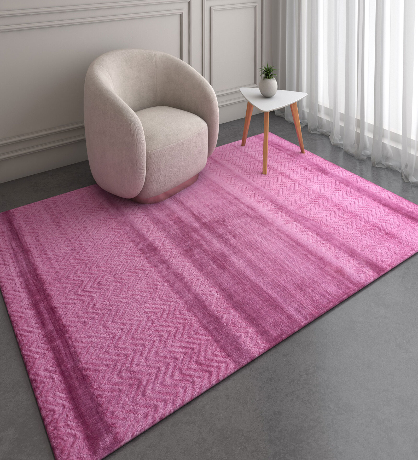 Pink and Purple Solid Bamboo Silk 5 ft X 8 ft Hand Woven Rectangle Carpet