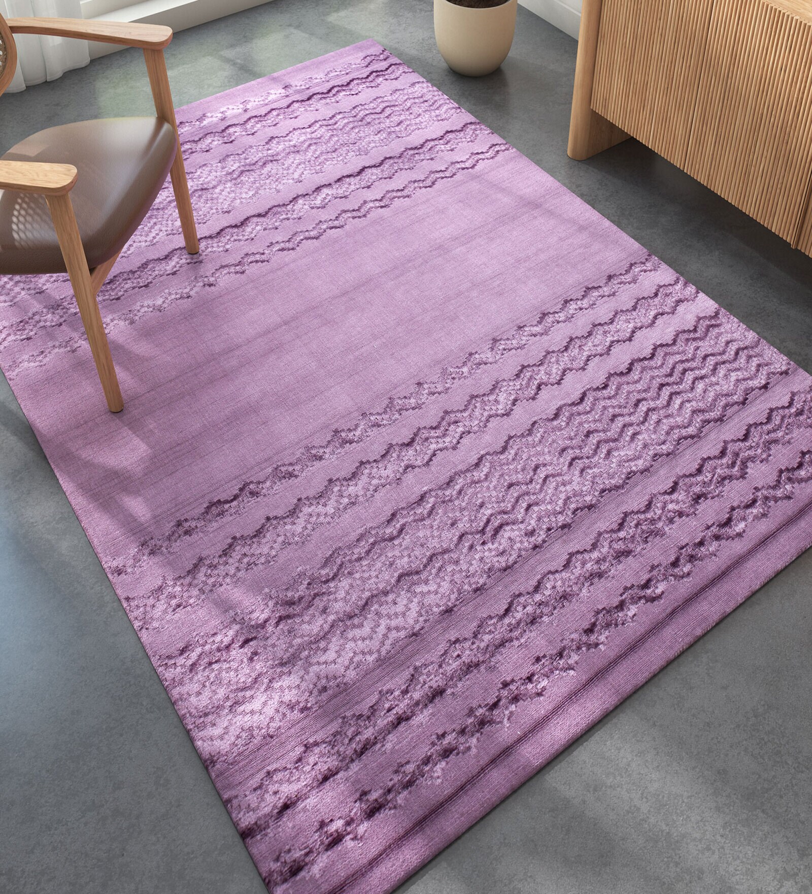 Pink and Purple Solid Bamboo Silk 5 ft X 8 ft Hand Woven Rectangle Carpet