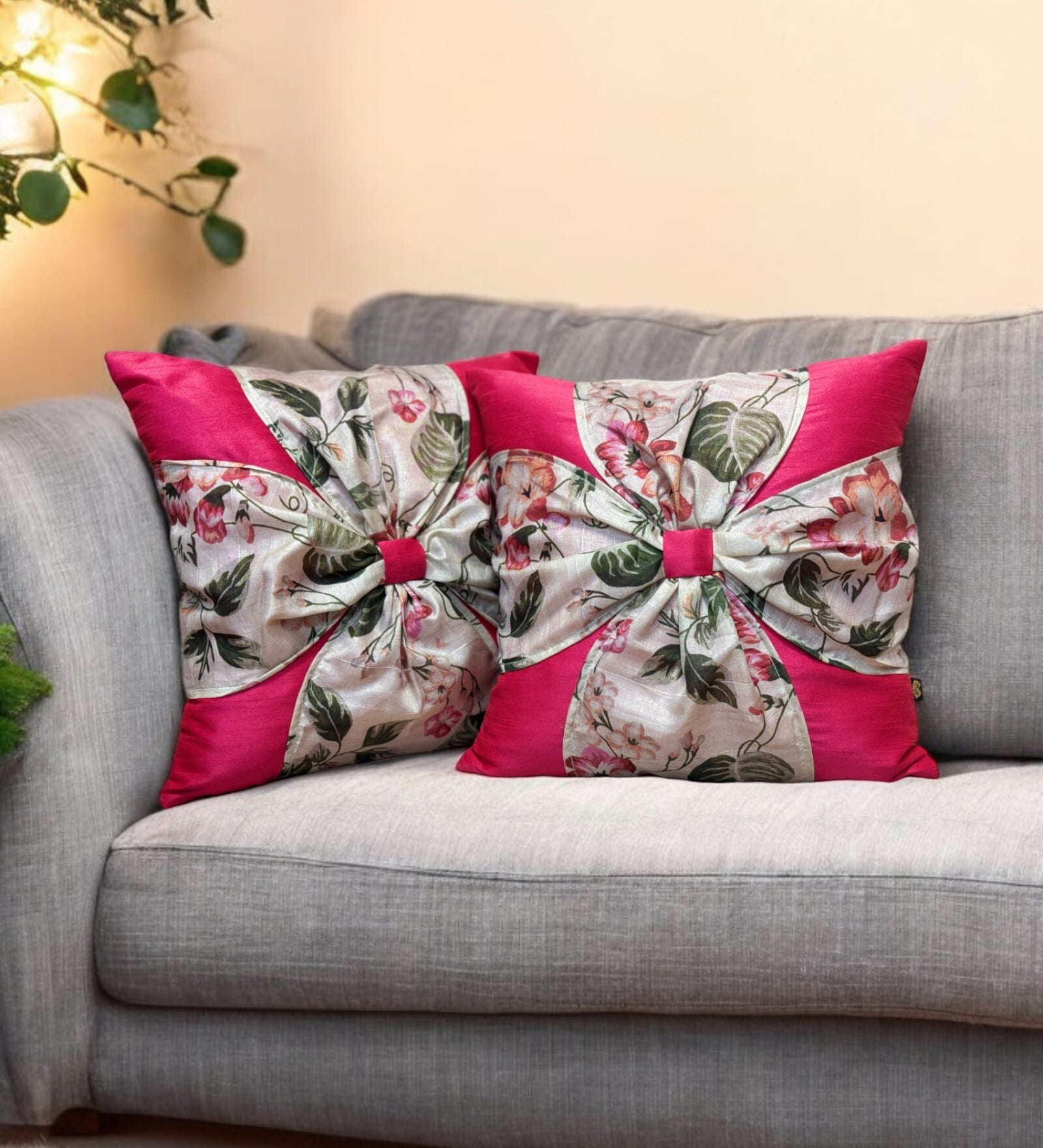 Pink Art Silk Chanderi Textured Floral 16x16 inches Cushion Covers (Set of 2)