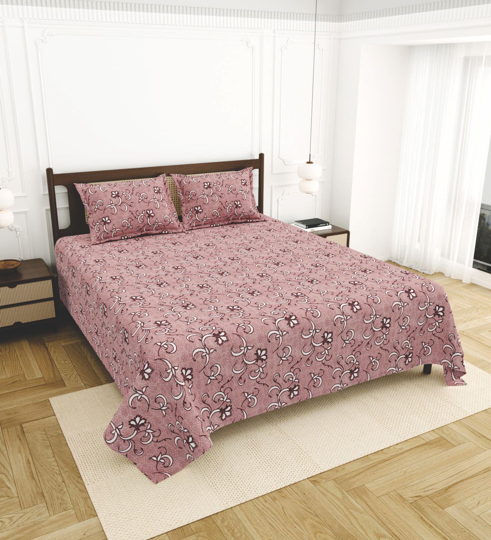 Pink Bedsheet 220 Tc Cotton King Bedsheet With 2 Pillow Covers