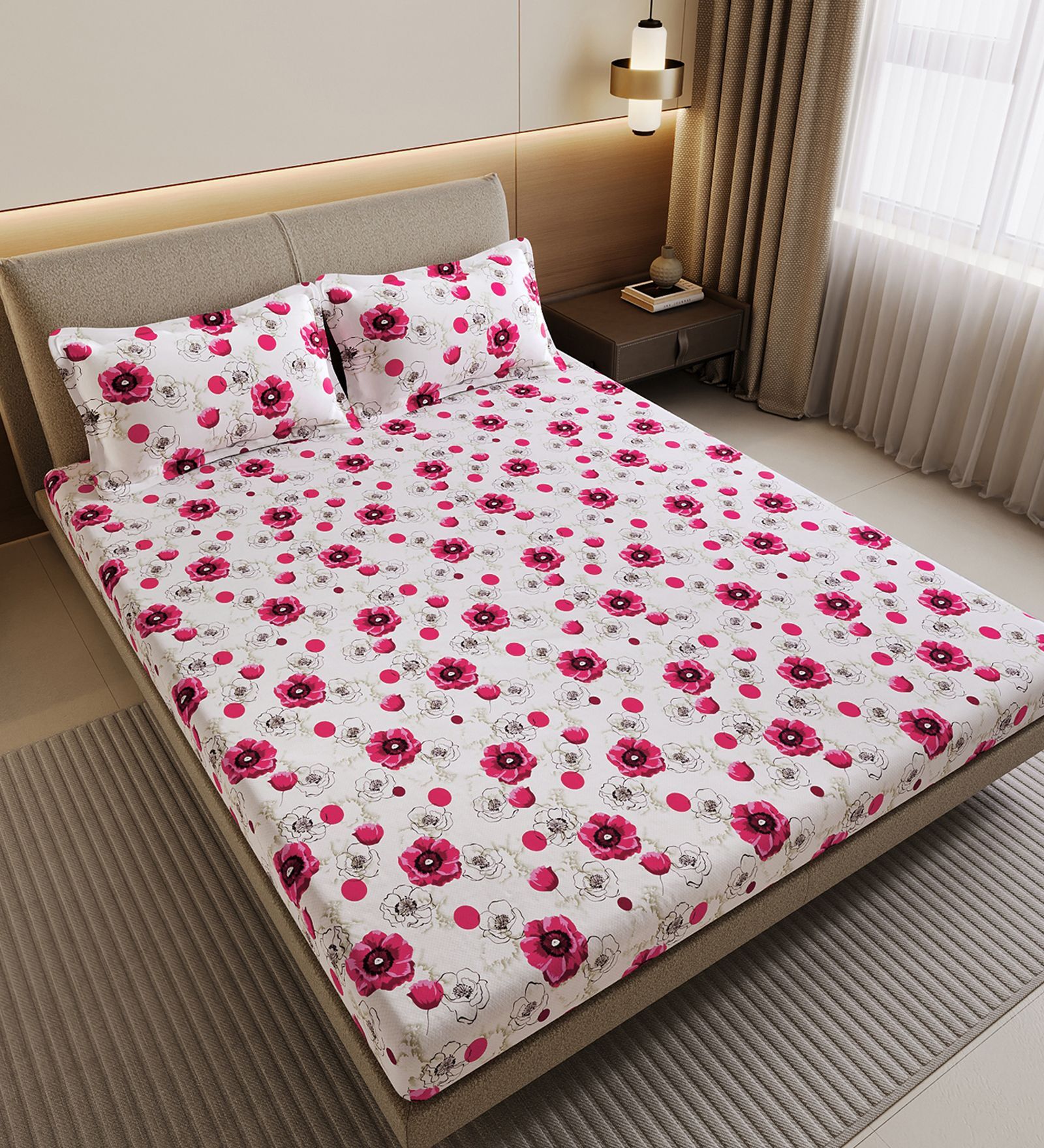 Pink Blossom Floral 144 Tc Cotton Elastic Fitted Double Bedsheet With 2 Pillowcovers