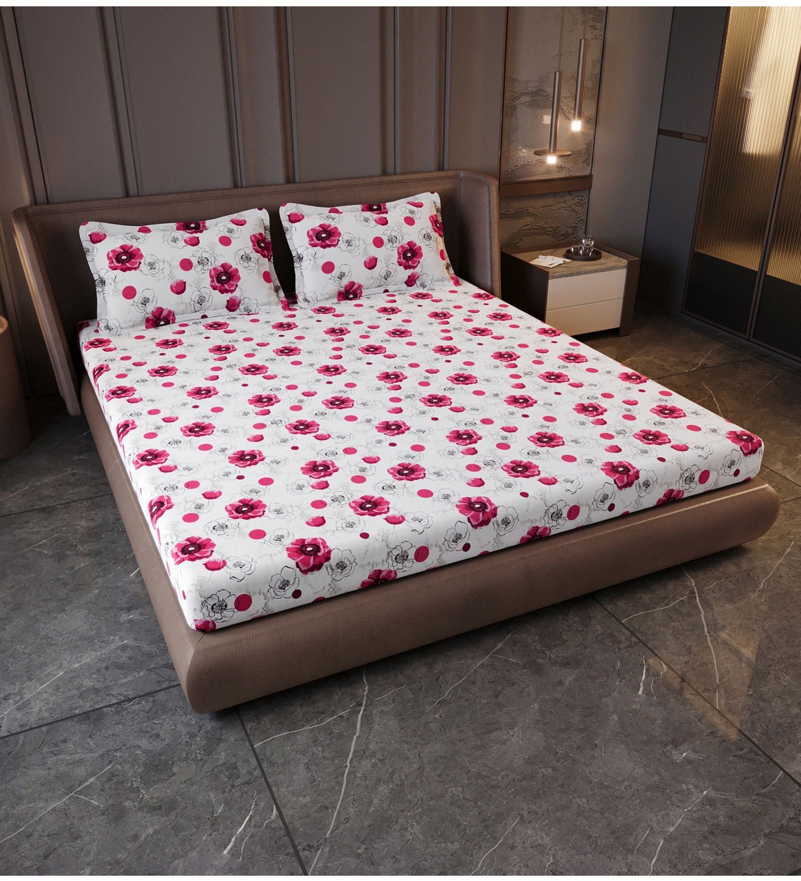 Pink Blossom Floral 144 Tc Cotton Elastic Fitted King Bedsheet With 2 Pillowcovers